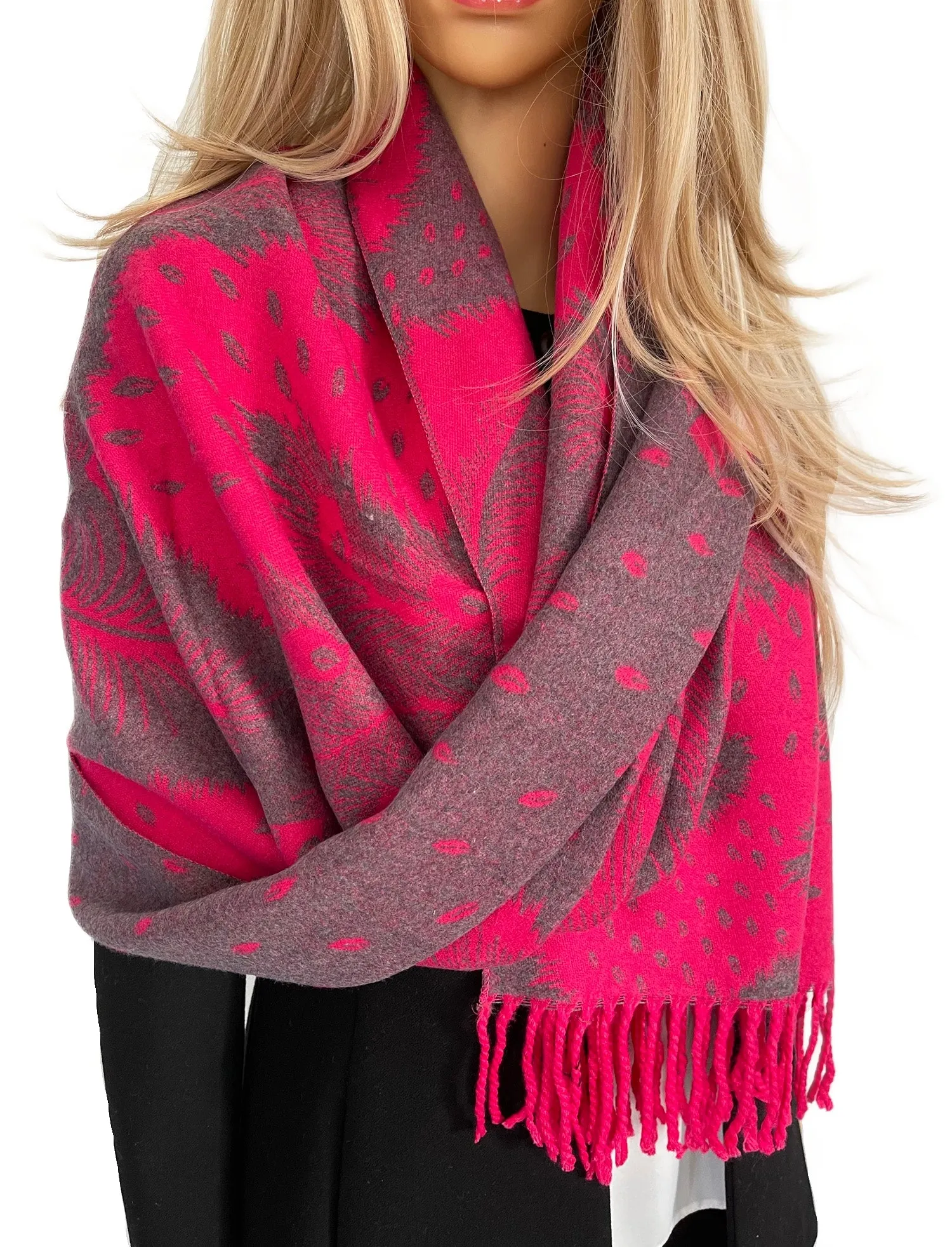 LARGE FUCHSIA CASHMERE FEATHER PRINT REVERSIBLE WINTER SHAWL BLANKET SCARF