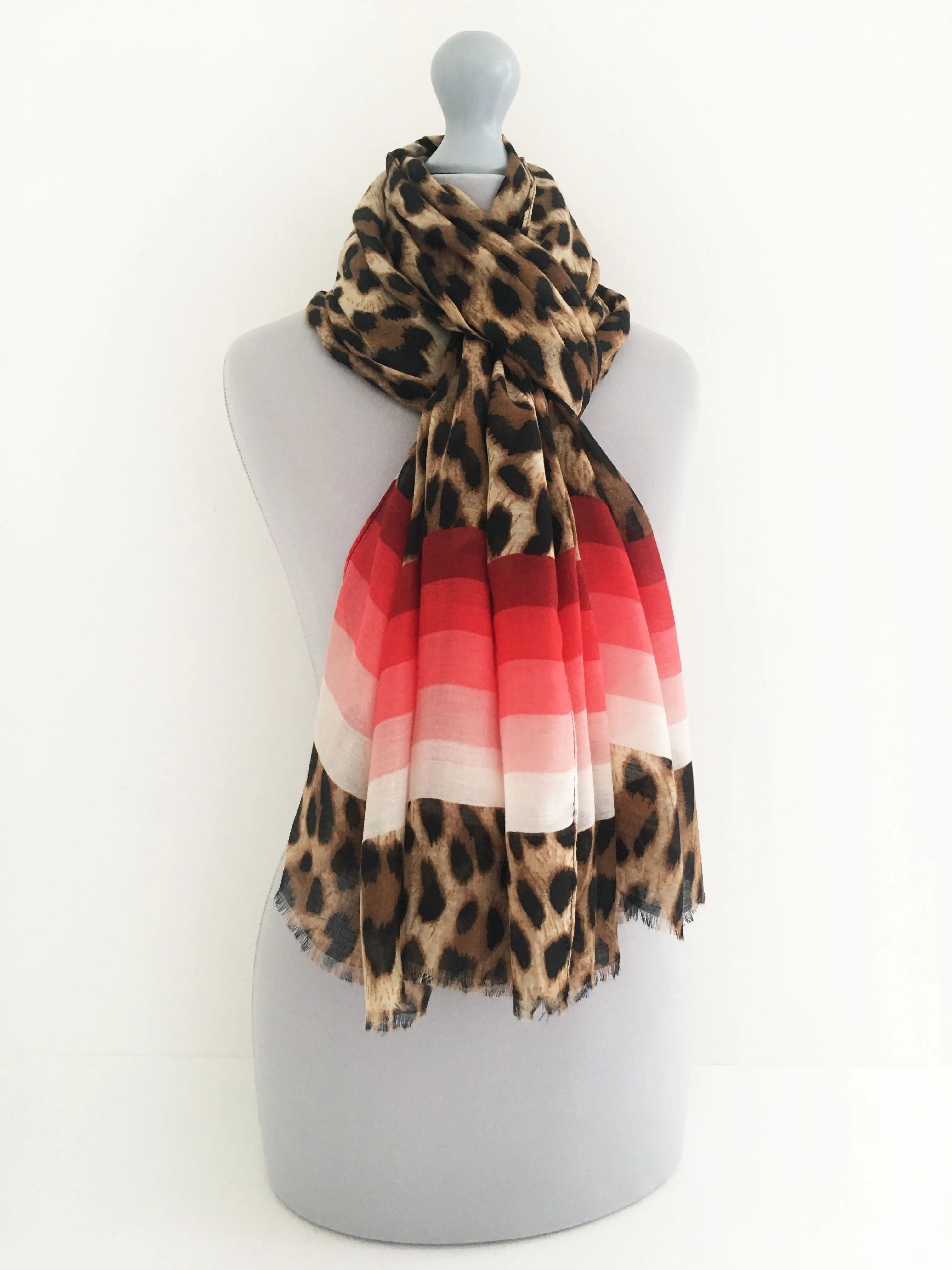 LARGE LEOPARD PRINT SHAWL SCARF WITH RED STRIPES