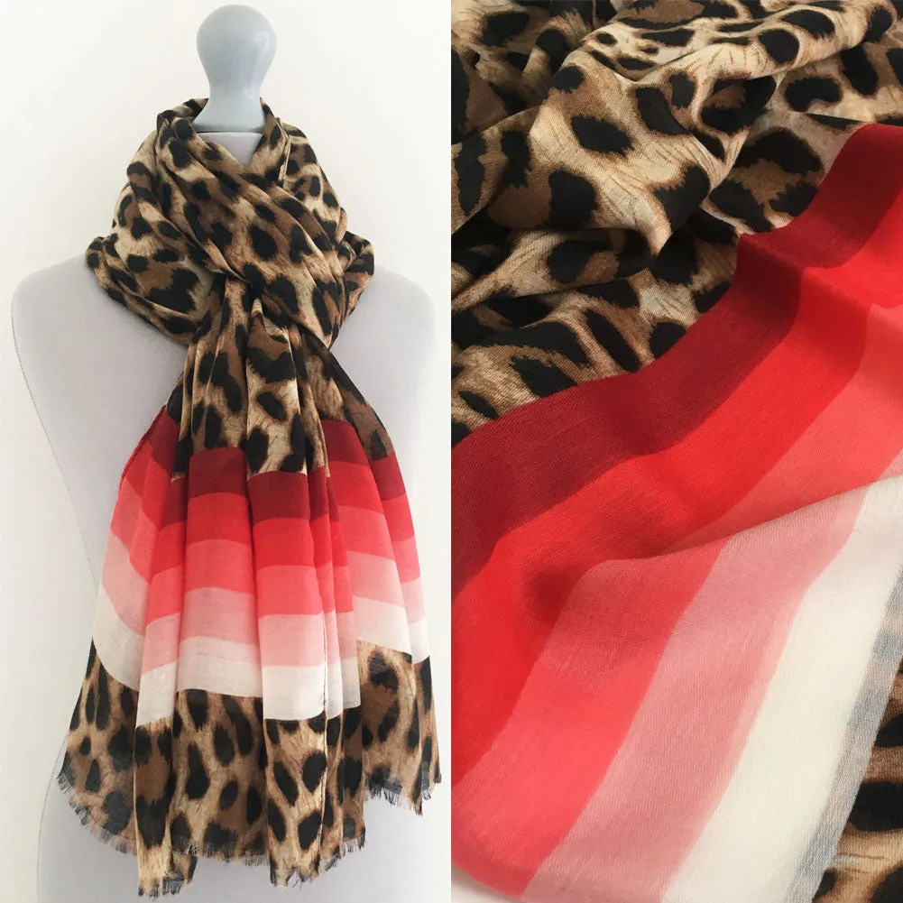 LARGE LEOPARD PRINT SHAWL SCARF WITH RED STRIPES