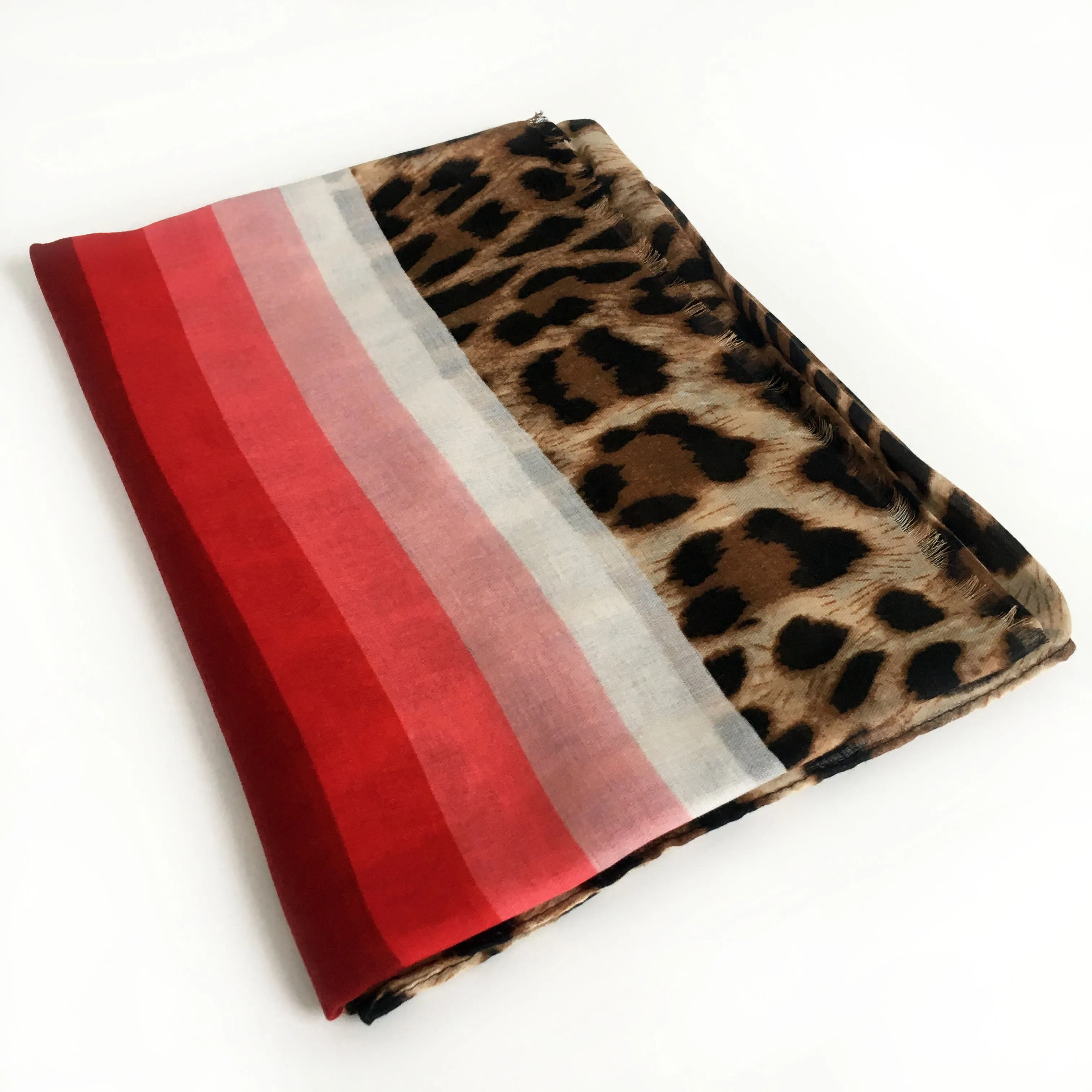 LARGE LEOPARD PRINT SHAWL SCARF WITH RED STRIPES