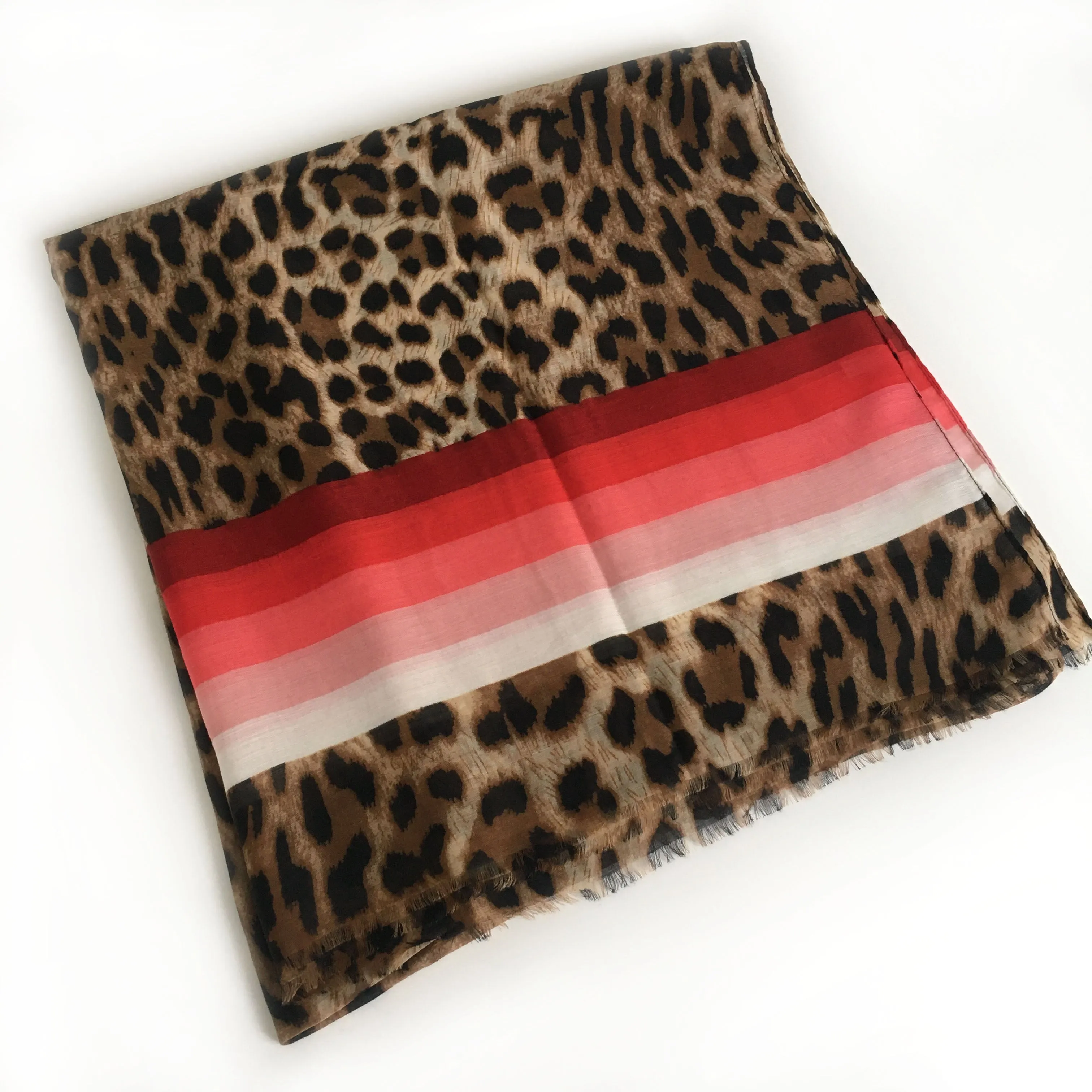 LARGE LEOPARD PRINT SHAWL SCARF WITH RED STRIPES