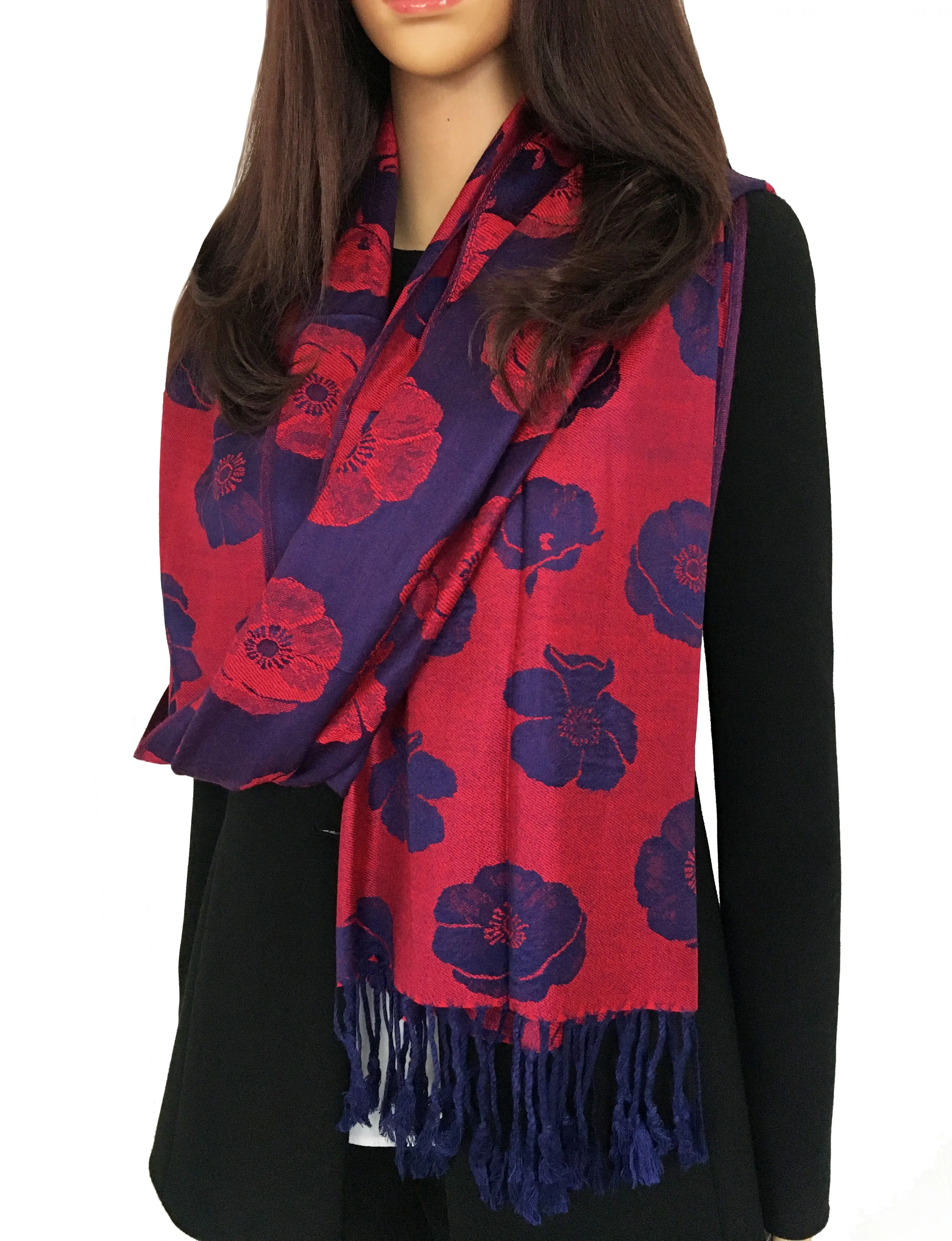 LARGE REVERSIBLE NAVY BLUE AND RED POPPY PASHMINA SHAWL SCARF