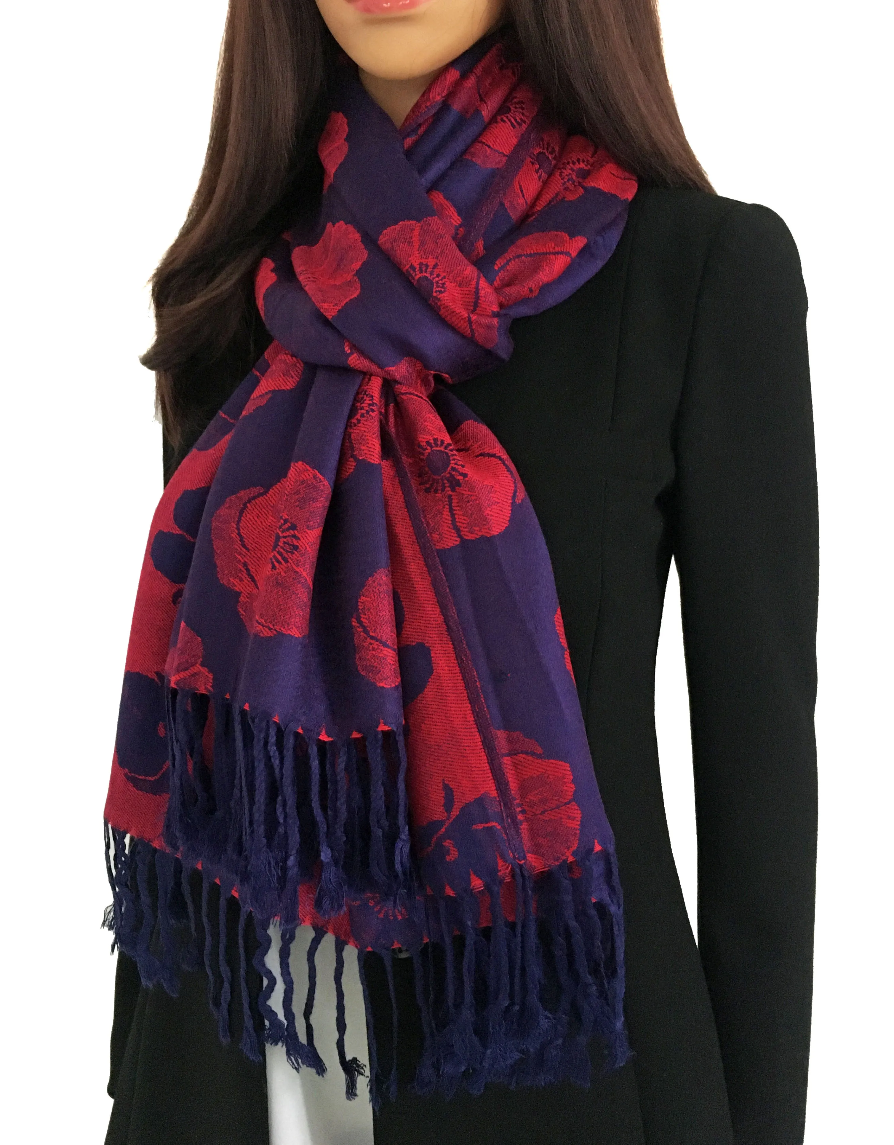 LARGE REVERSIBLE NAVY BLUE AND RED POPPY PASHMINA SHAWL SCARF