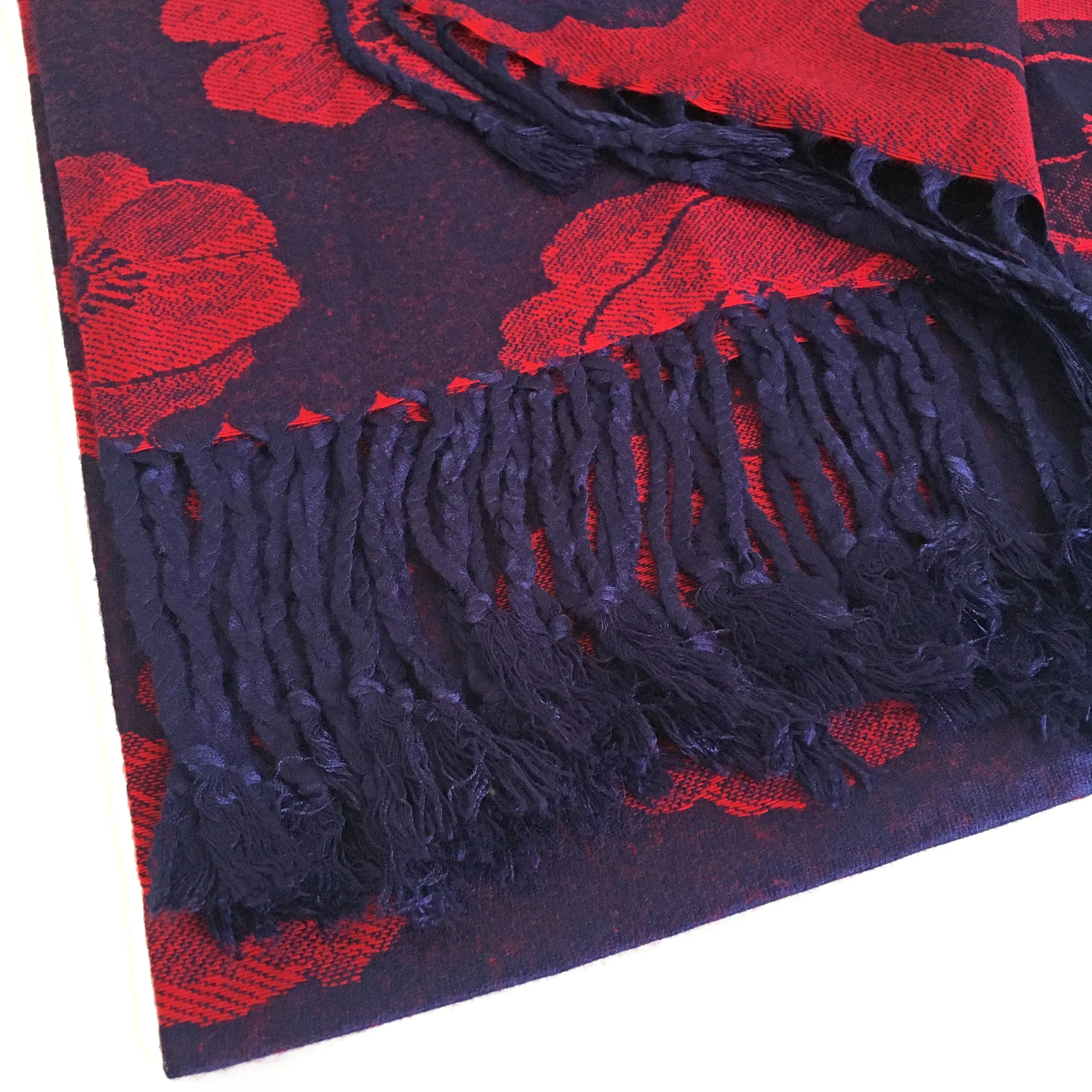 LARGE REVERSIBLE NAVY BLUE AND RED POPPY PASHMINA SHAWL SCARF