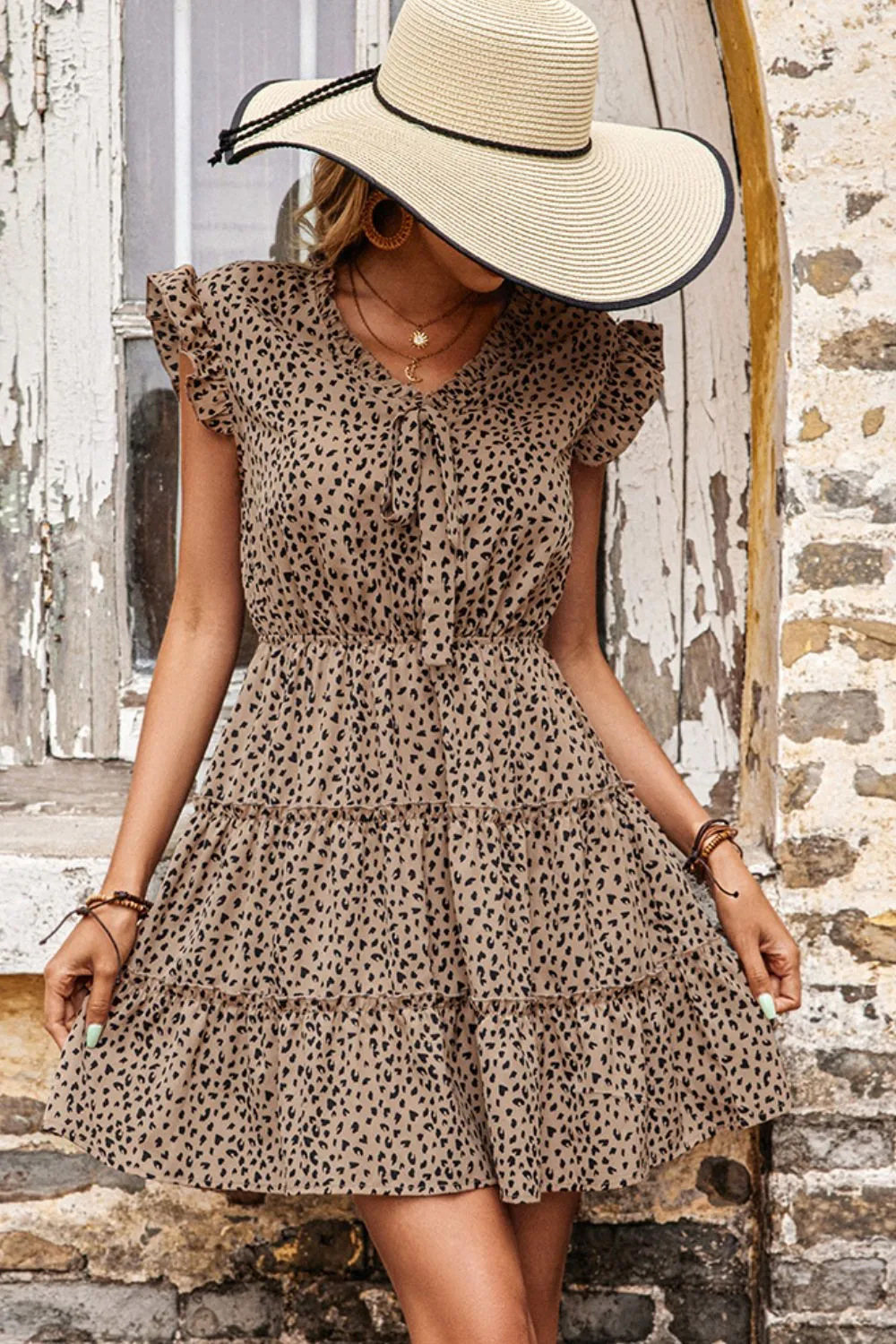 Leopard Print Butterfly Sleeve Tiered Dress