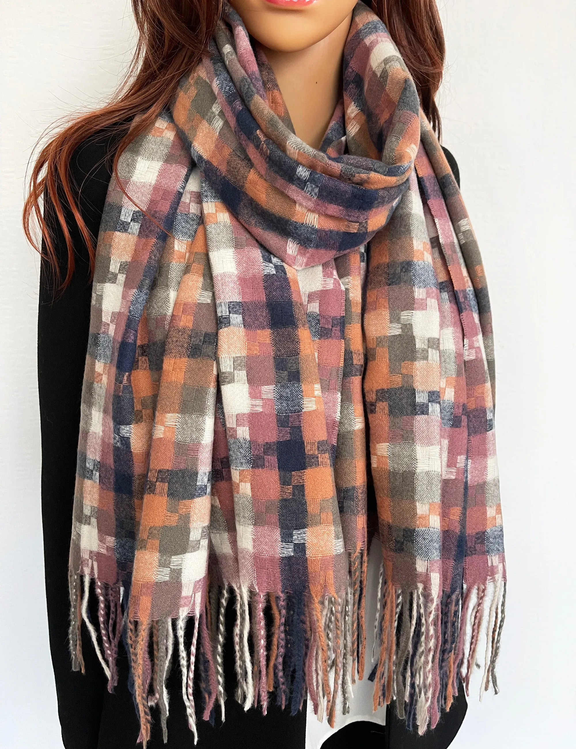 LONG PINK MULTICOLOUR WOOL MIX CHECKED TARTAN SCARF