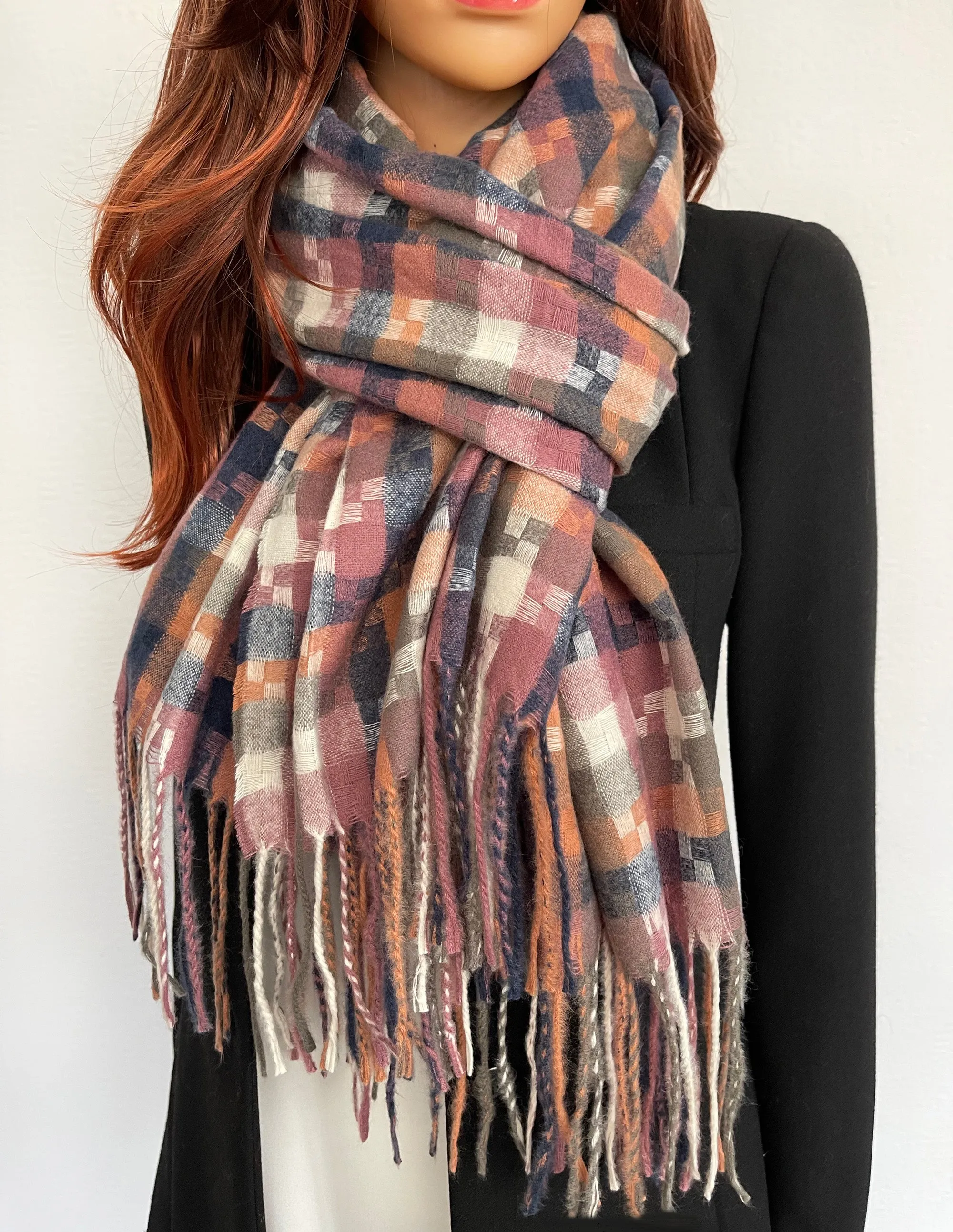 LONG PINK MULTICOLOUR WOOL MIX CHECKED TARTAN SCARF