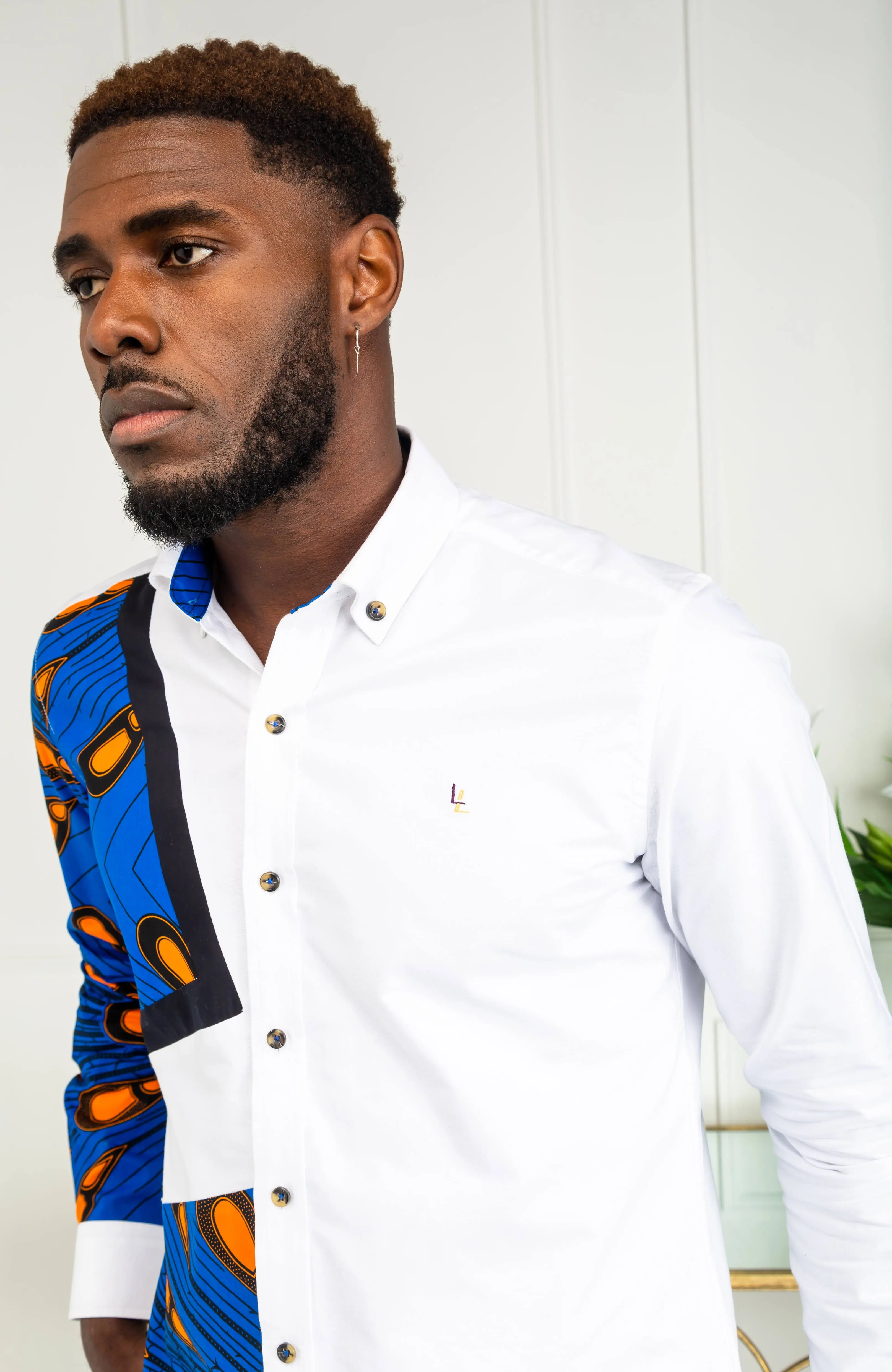 Mens Ankara Shirt | Mens African Shirt - Skinny Fit White Button Down Asymmetrical Shirt - ELIJAH