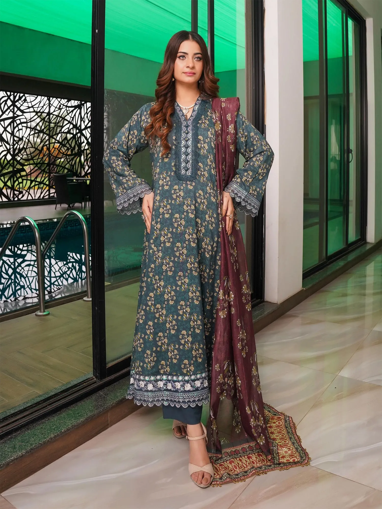 Munira Linen Long Frock Suit (MSL-03) - Teal