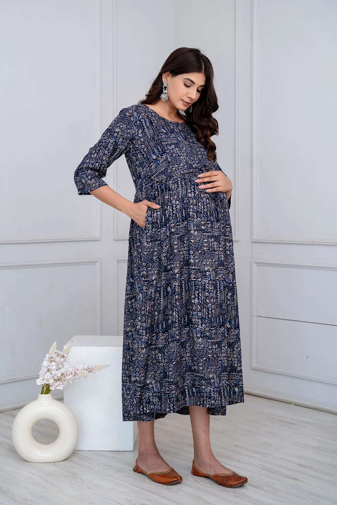 Navy Blue Abstract Printed Maternity Dress For Women