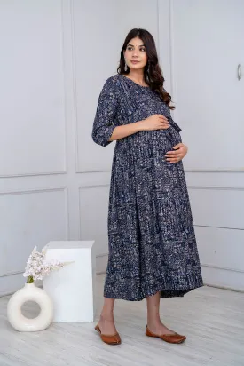 Navy Blue Abstract Printed Maternity Dress For Women