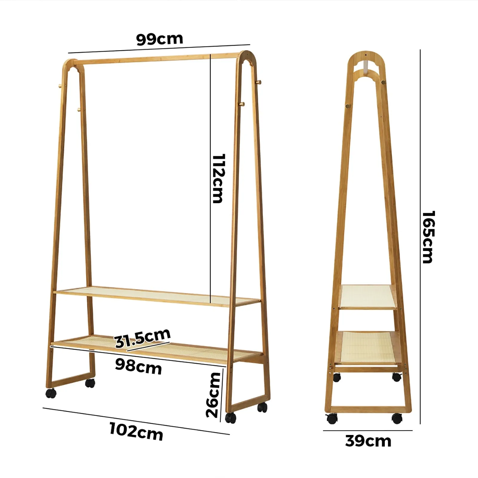 Oikiture Clothes Rack Bamboo Garment Coat Stand Hanging Rail Portable Wheels