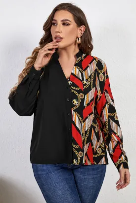 Plus Size Contrast Color Notched Neck Shirt