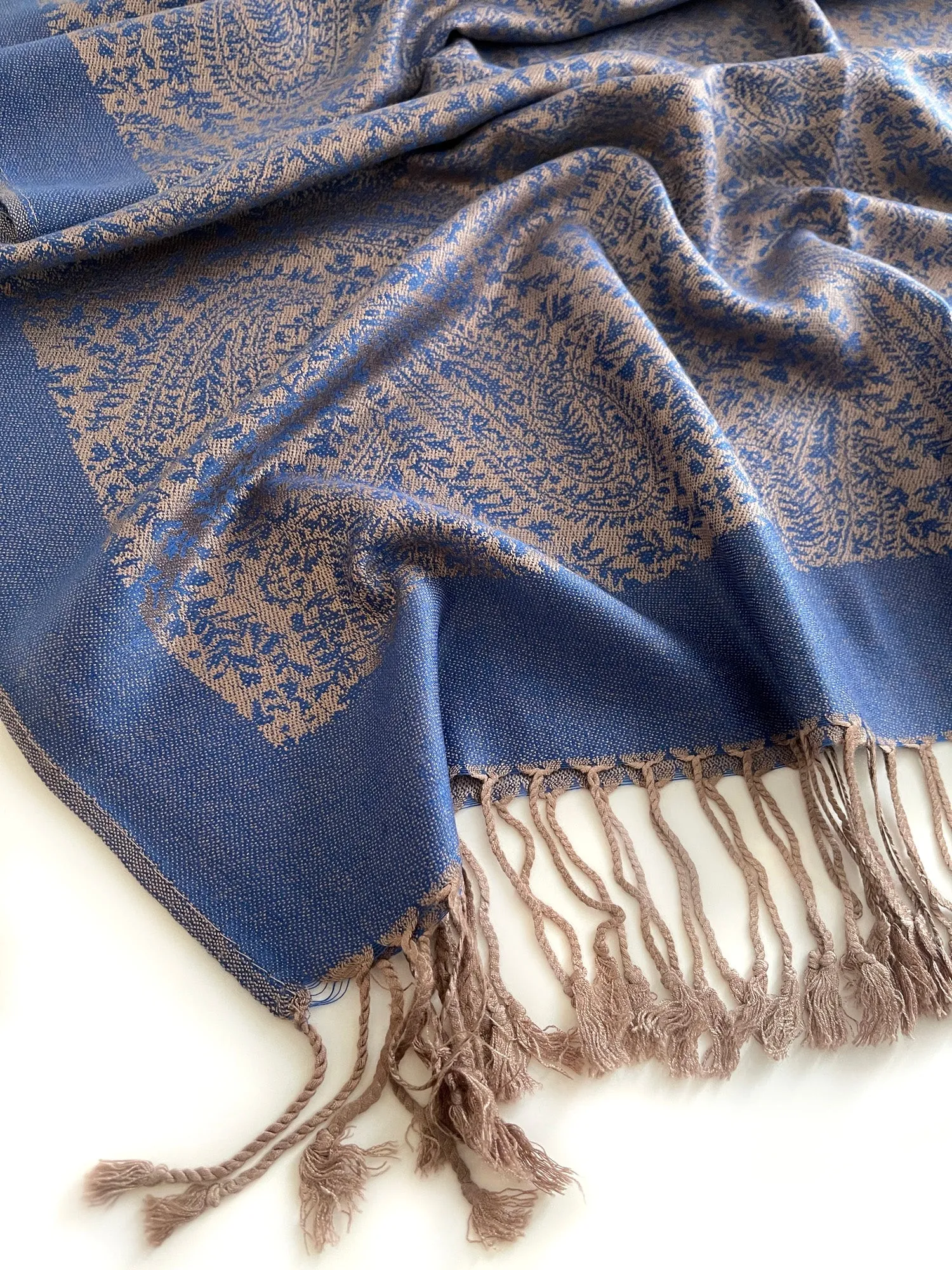 ROYAL BLUE PAISLEY PRINT REVERSIBLE PASHMINA SHAWL SCARF