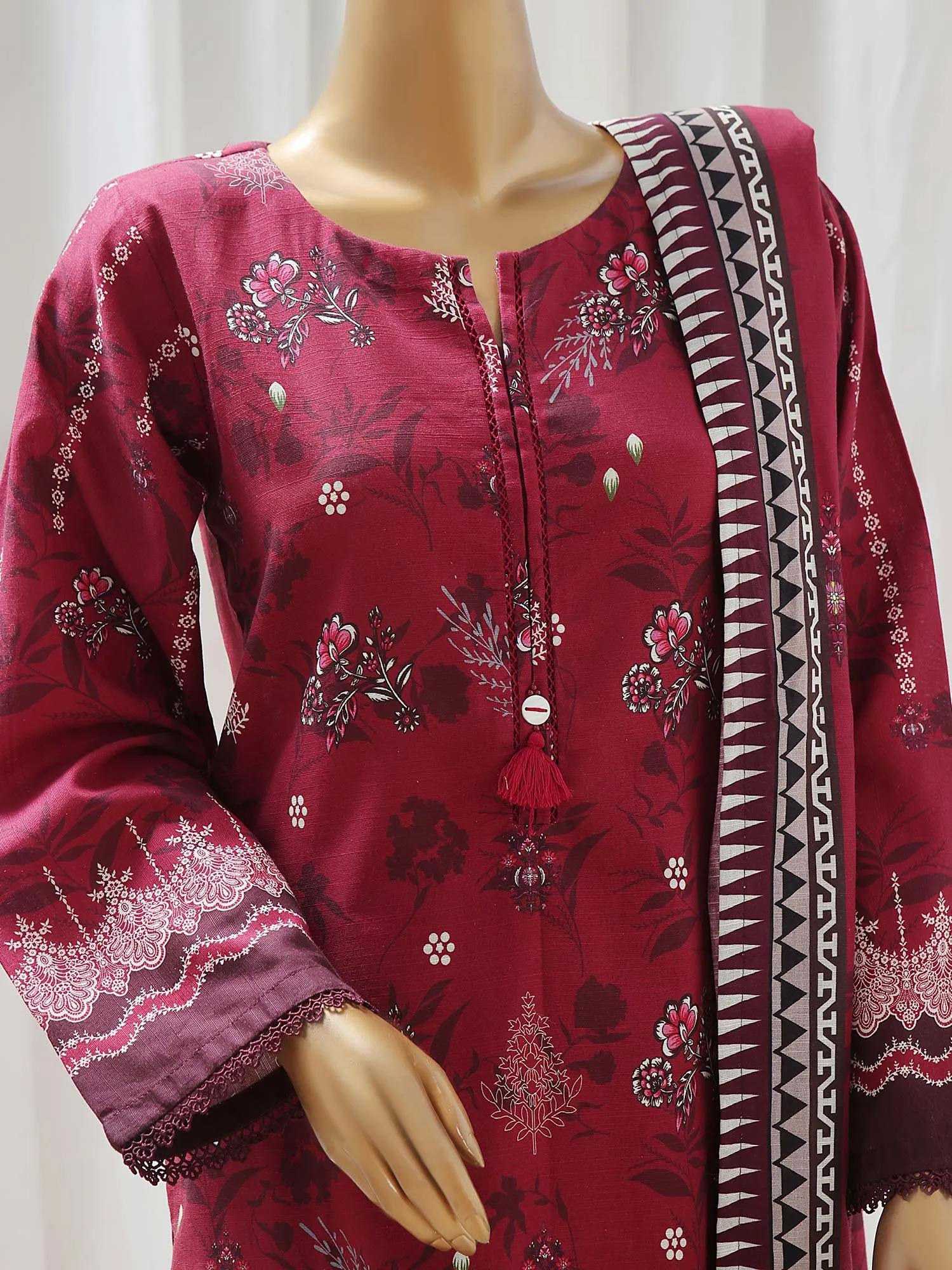 Sadabahar Printed Winter Khaddar 3-Piece Suit - Dark Fuchsia