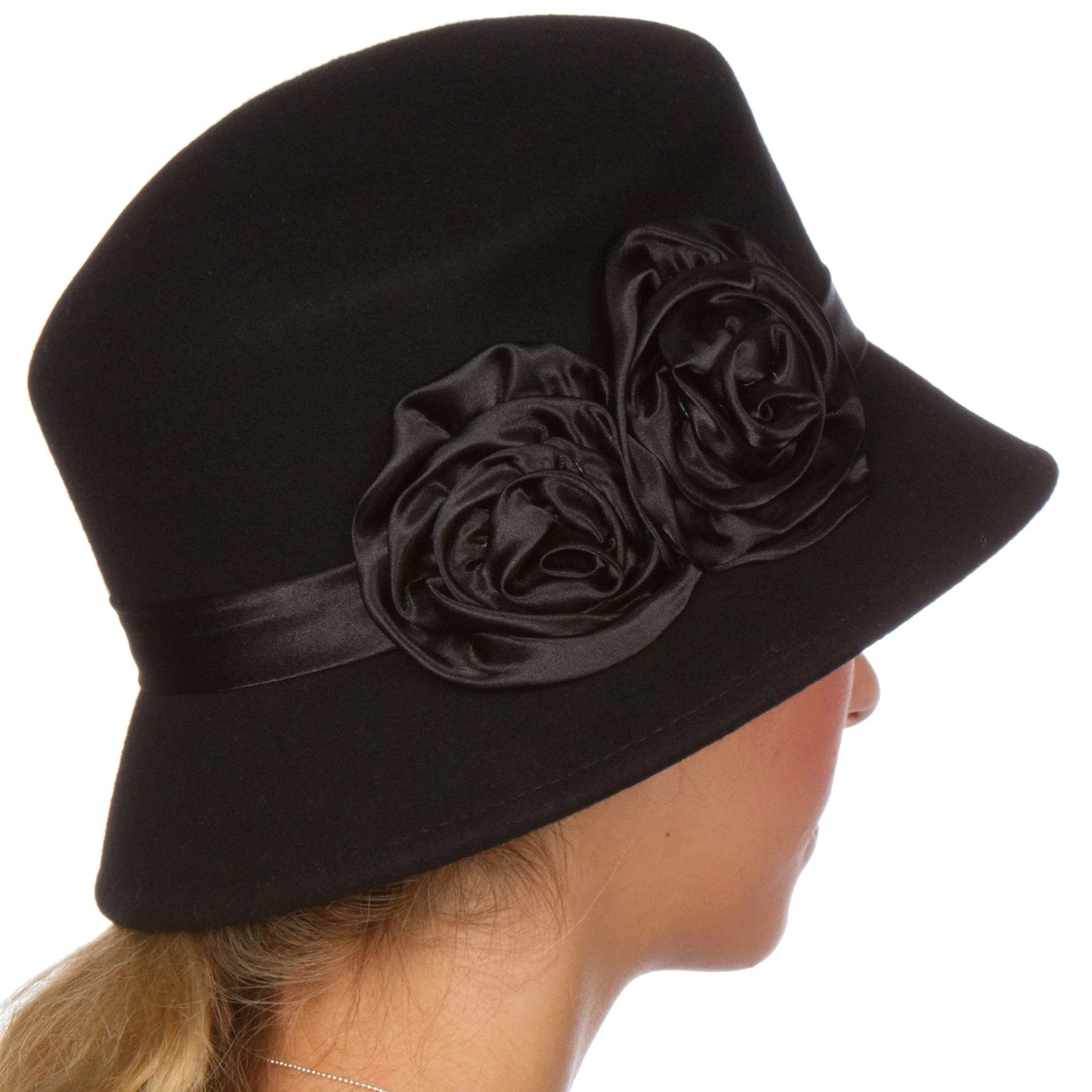 Sakkas Alice Satin Rose Vintage Style Wool Cloche Hat