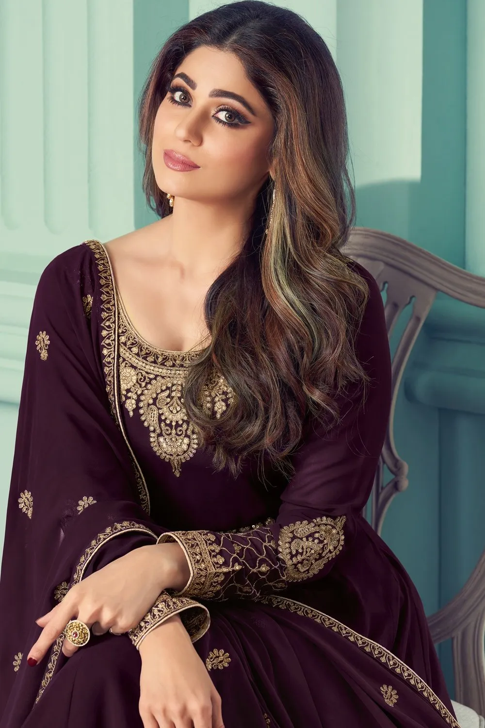 Shamita Shetty Wine Embroidered Anarkali Suit