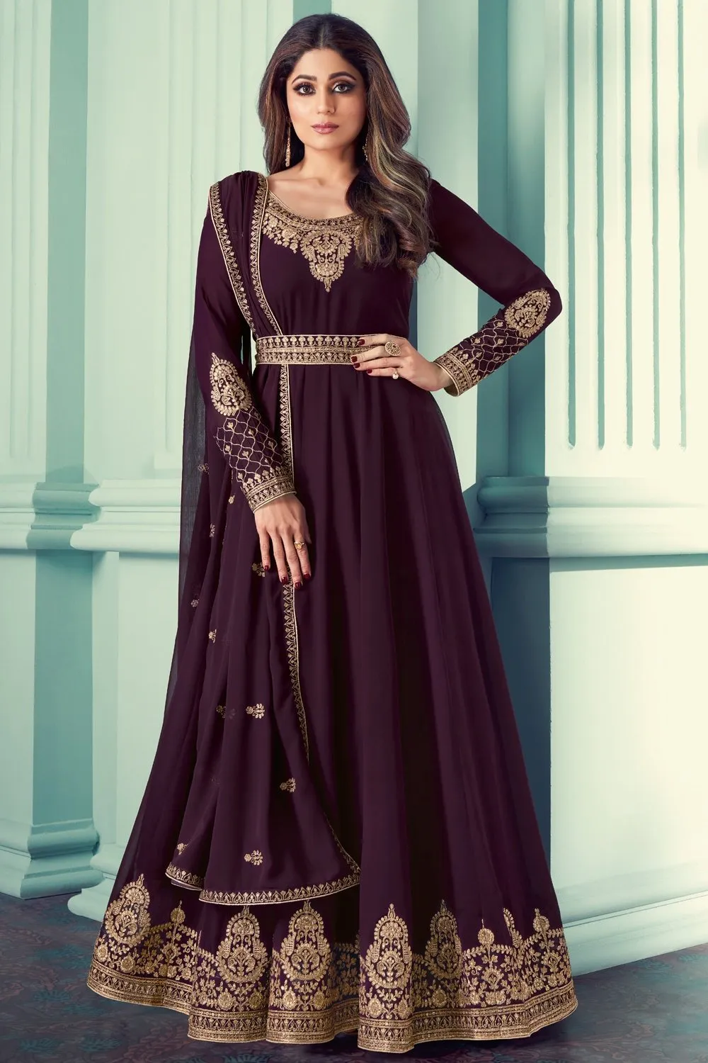 Shamita Shetty Wine Embroidered Anarkali Suit