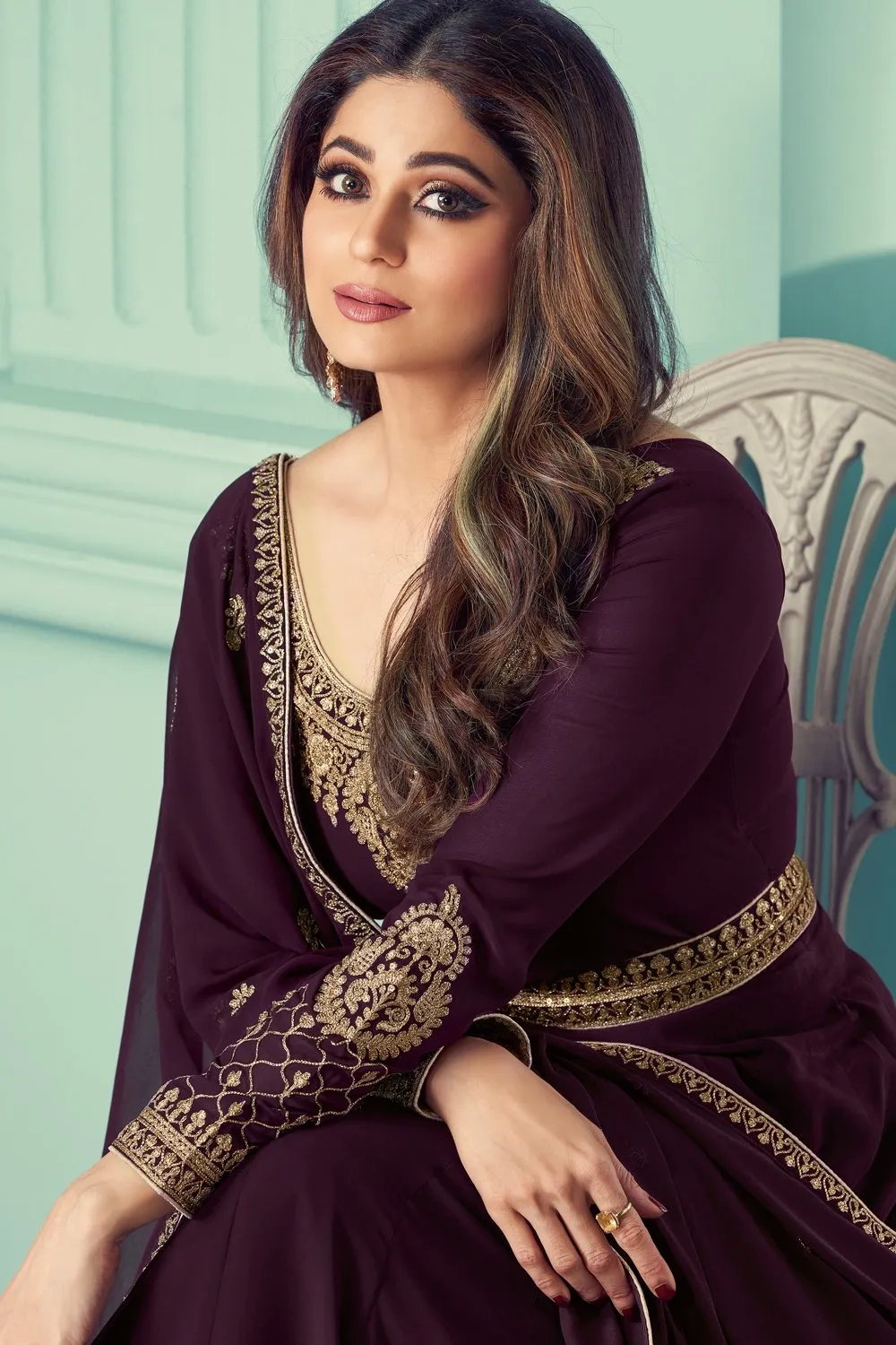 Shamita Shetty Wine Embroidered Anarkali Suit