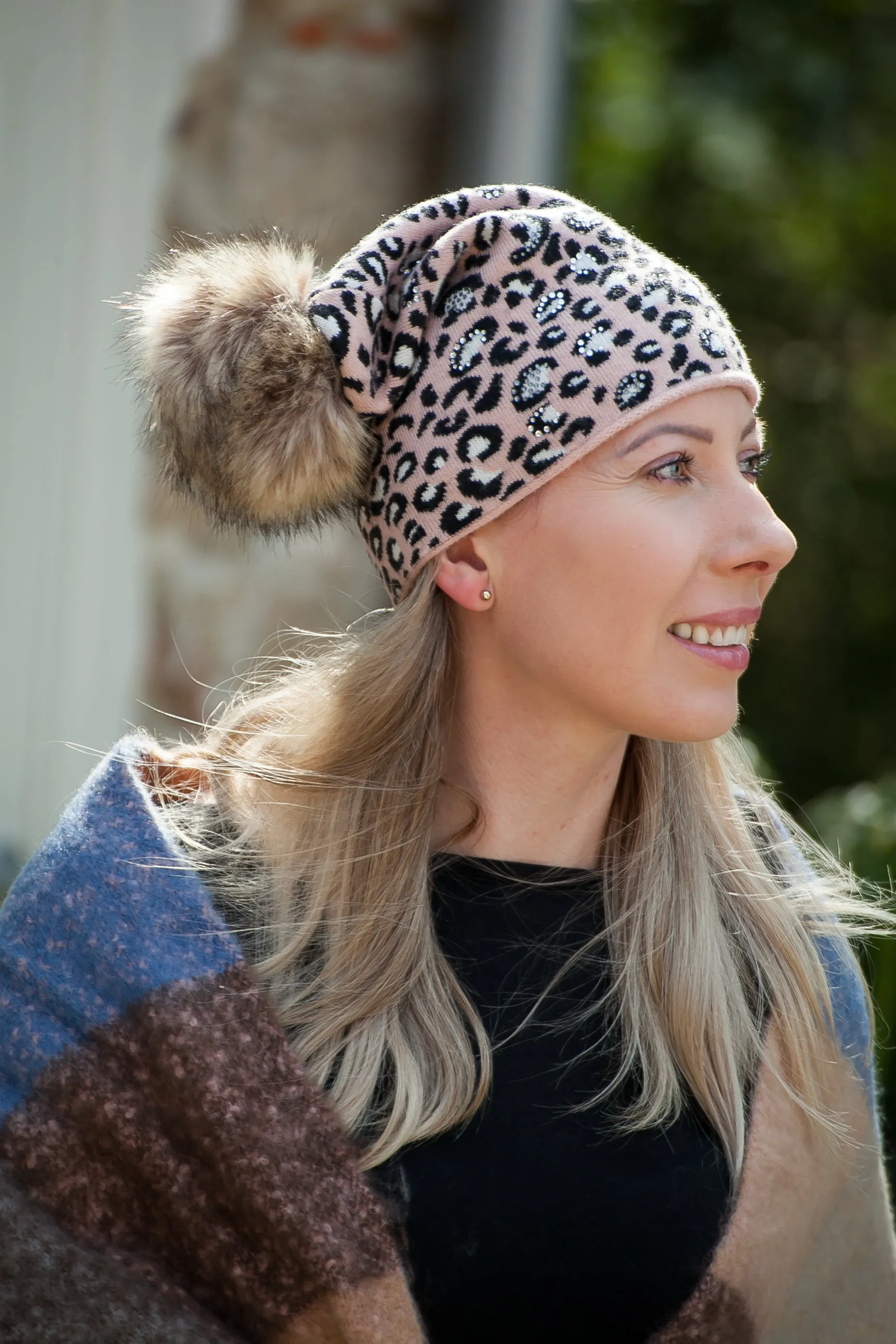 SIRI (Hat) - Sparkly Leopard Pom Pom Hat (has matching glove)  (Faux fur pom)