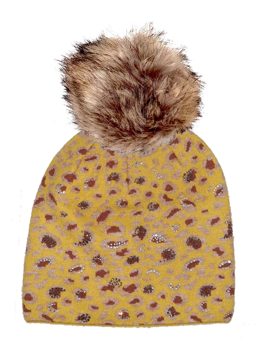 SIRI (Hat) - Sparkly Leopard Pom Pom Hat (has matching glove)  (Faux fur pom)