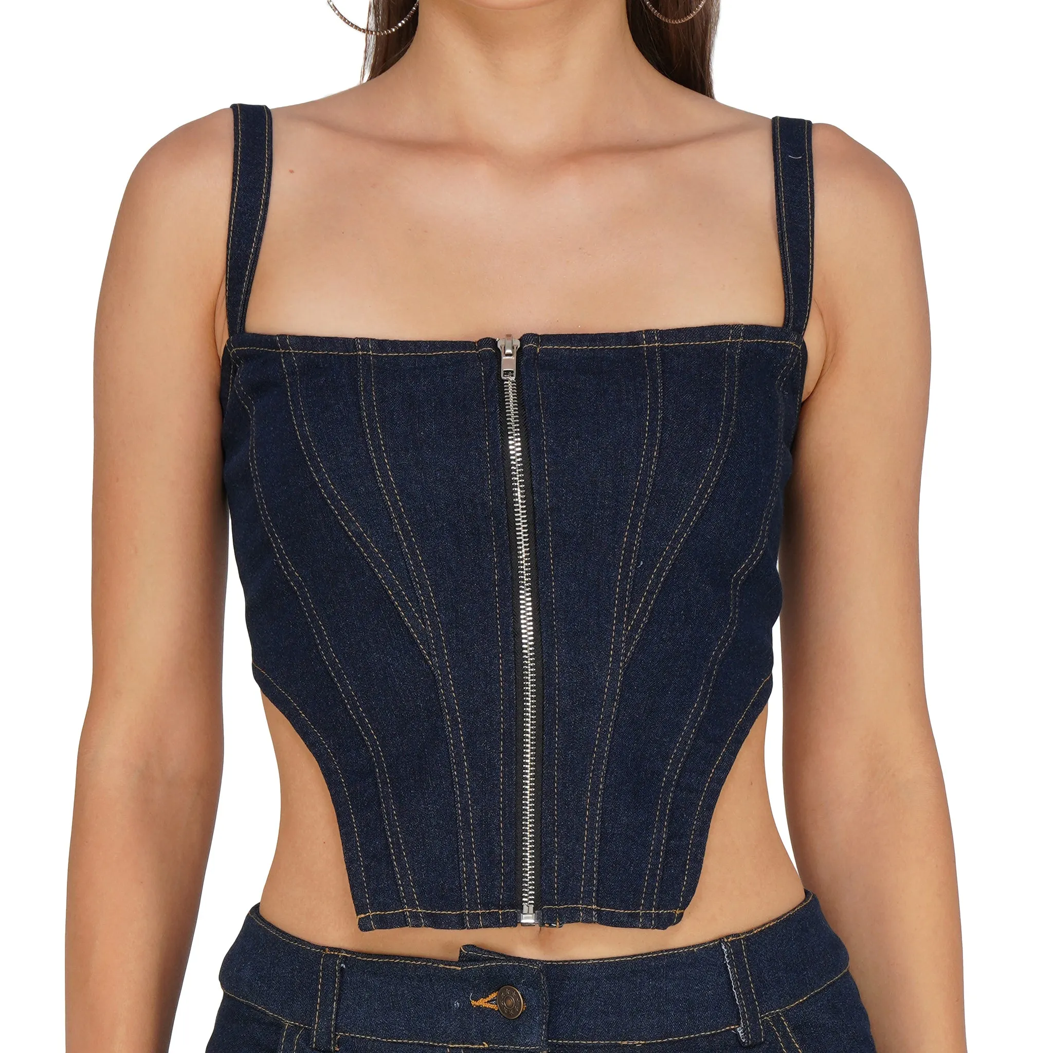 SLAY. Women's Navy Blue Enzyme Wash Denim Zip up Corset & Cargo Jeans Co ord Set(Stretch Fabric)