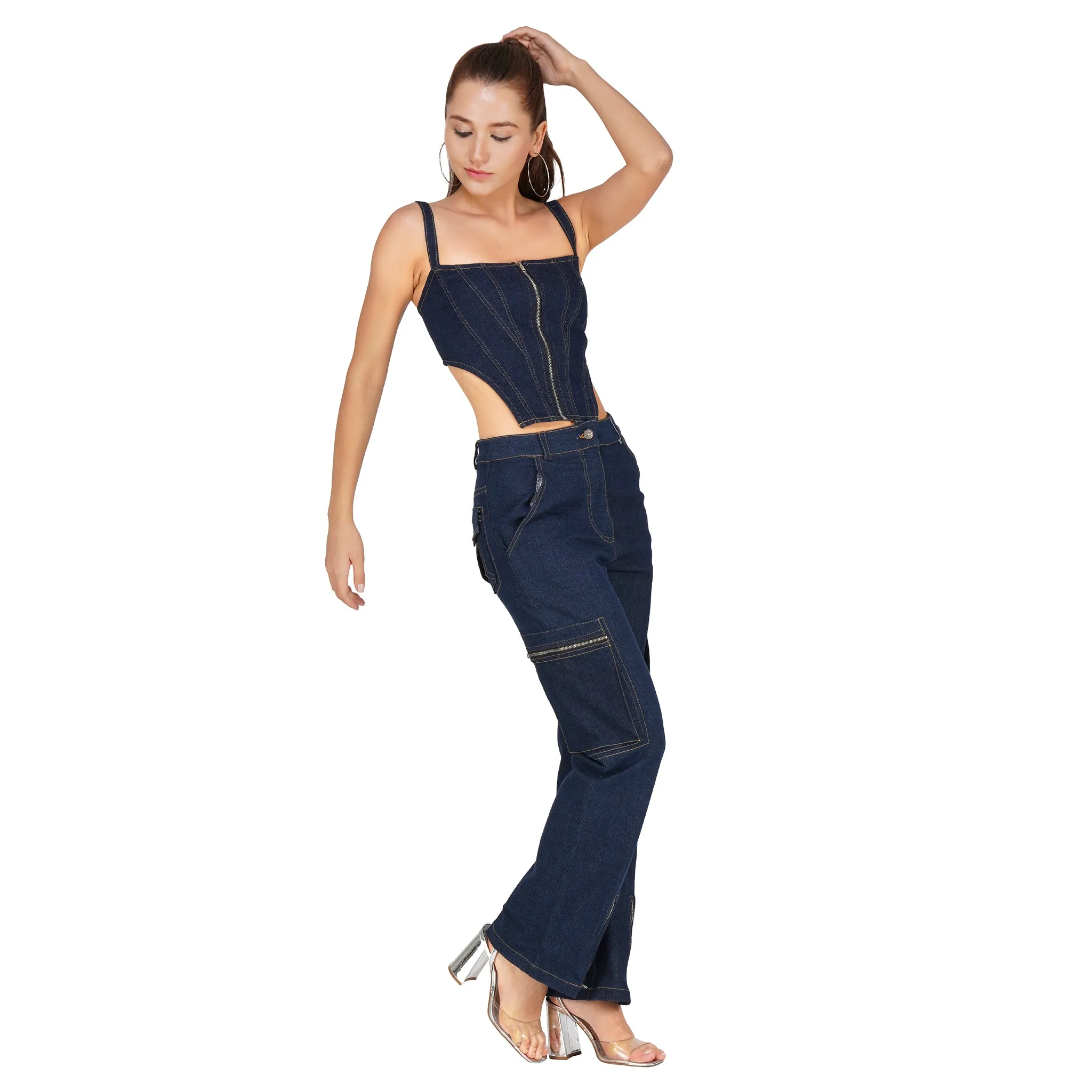 SLAY. Women's Navy Blue Enzyme Wash Denim Zip up Corset & Cargo Jeans Co ord Set(Stretch Fabric)