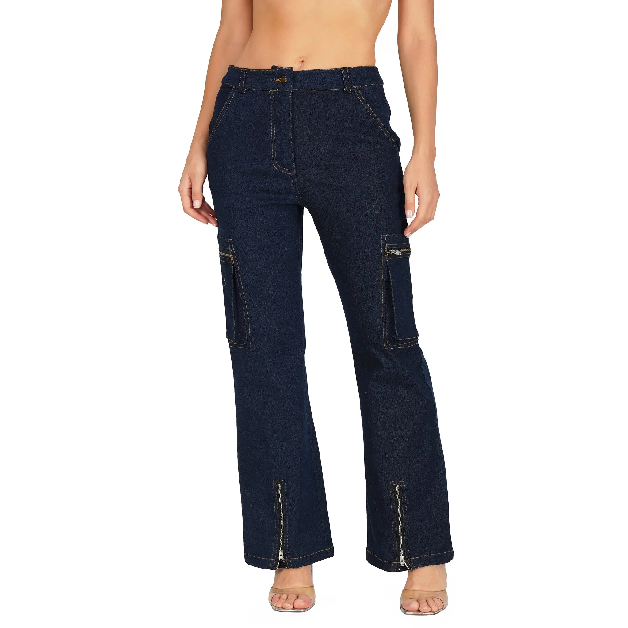 SLAY. Women's Navy Blue Enzyme Wash Denim Zip up Corset & Cargo Jeans Co ord Set(Stretch Fabric)