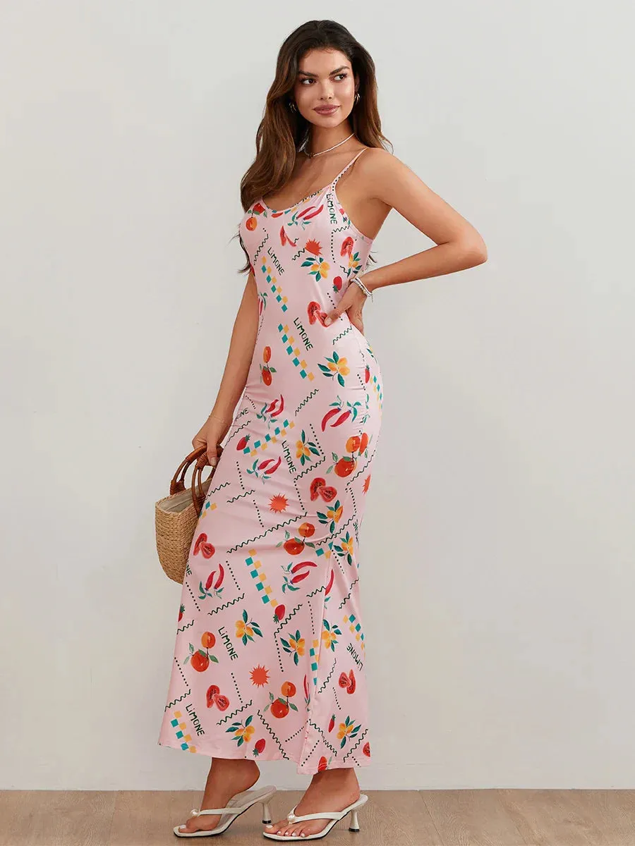 Slip Sleeveless Dress Summer Fruit Print V Neck Party Vacation Beach Streetwear Casual Women Dress