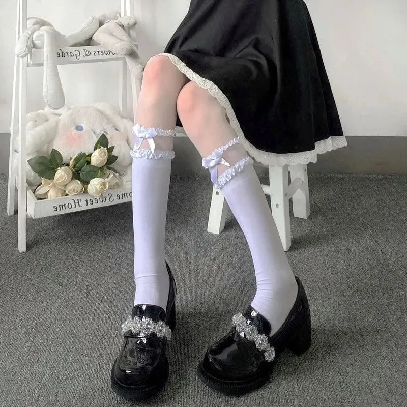 Solid Color Lolita Knee High Frilly Socks with Ruffle