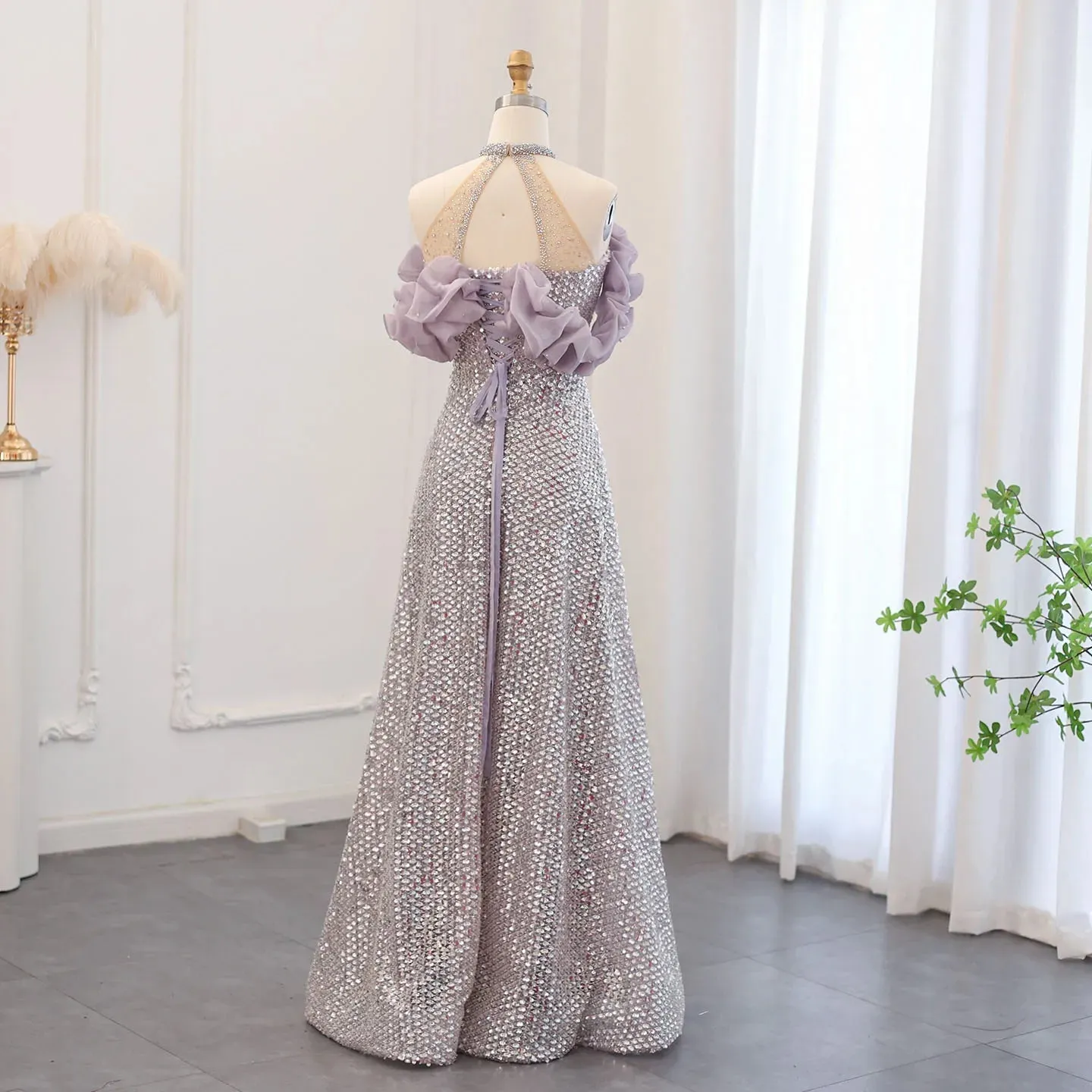 Sparkling Off-Shoulder Lace-Up Floor-Length Dress