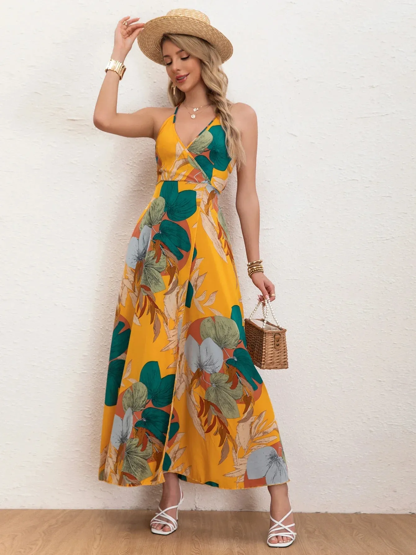 Strap Vacation Halter Beach Long Cross Print Summer Tropical Spaghetti Backless Hem Dress