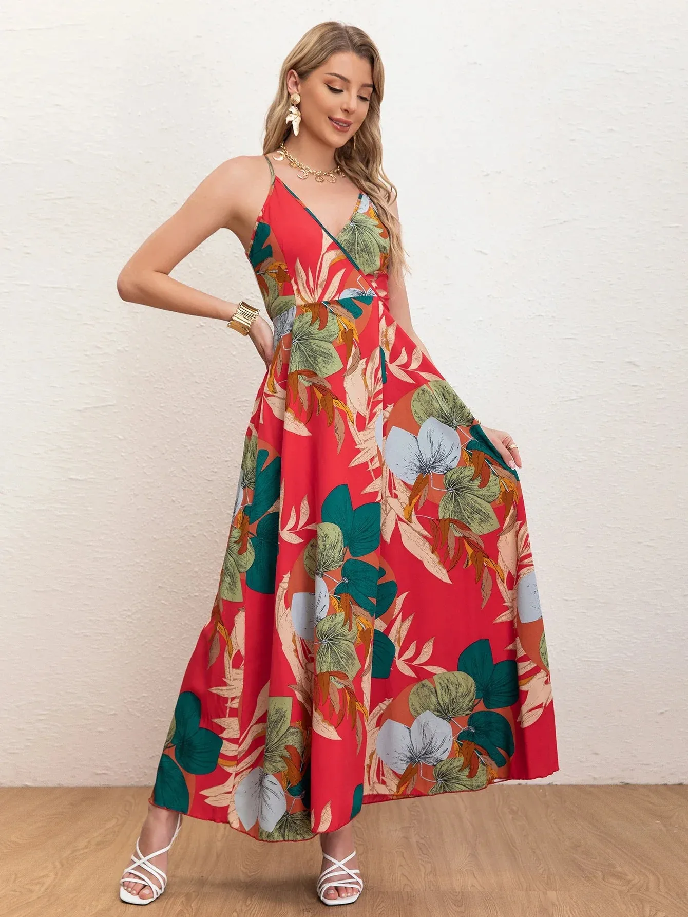 Strap Vacation Halter Beach Long Cross Print Summer Tropical Spaghetti Backless Hem Dress