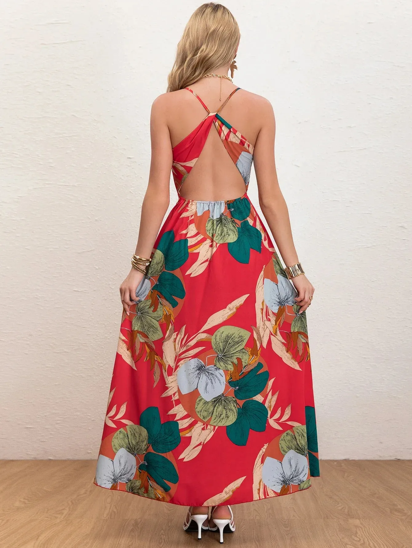 Strap Vacation Halter Beach Long Cross Print Summer Tropical Spaghetti Backless Hem Dress