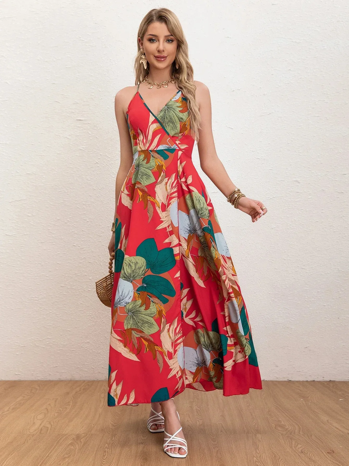 Strap Vacation Halter Beach Long Cross Print Summer Tropical Spaghetti Backless Hem Dress