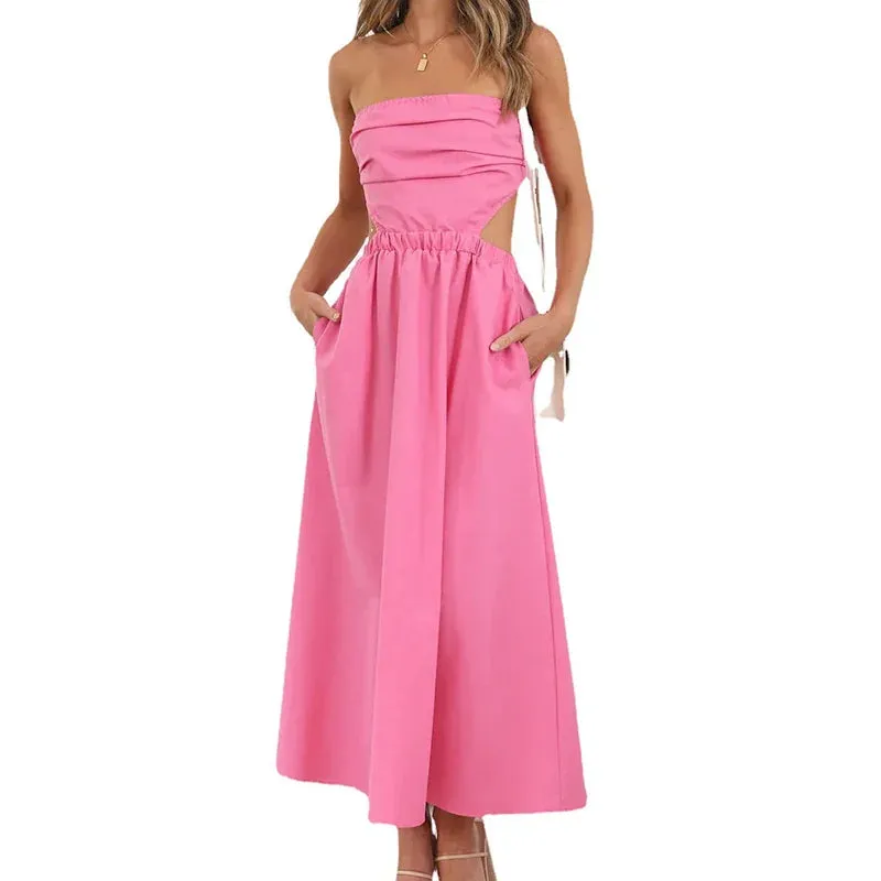 Strapless Hollow Out Casual Fashion Summer Sexy Waist Midi Long Vintage A-line SunVestidos Maxi Dress