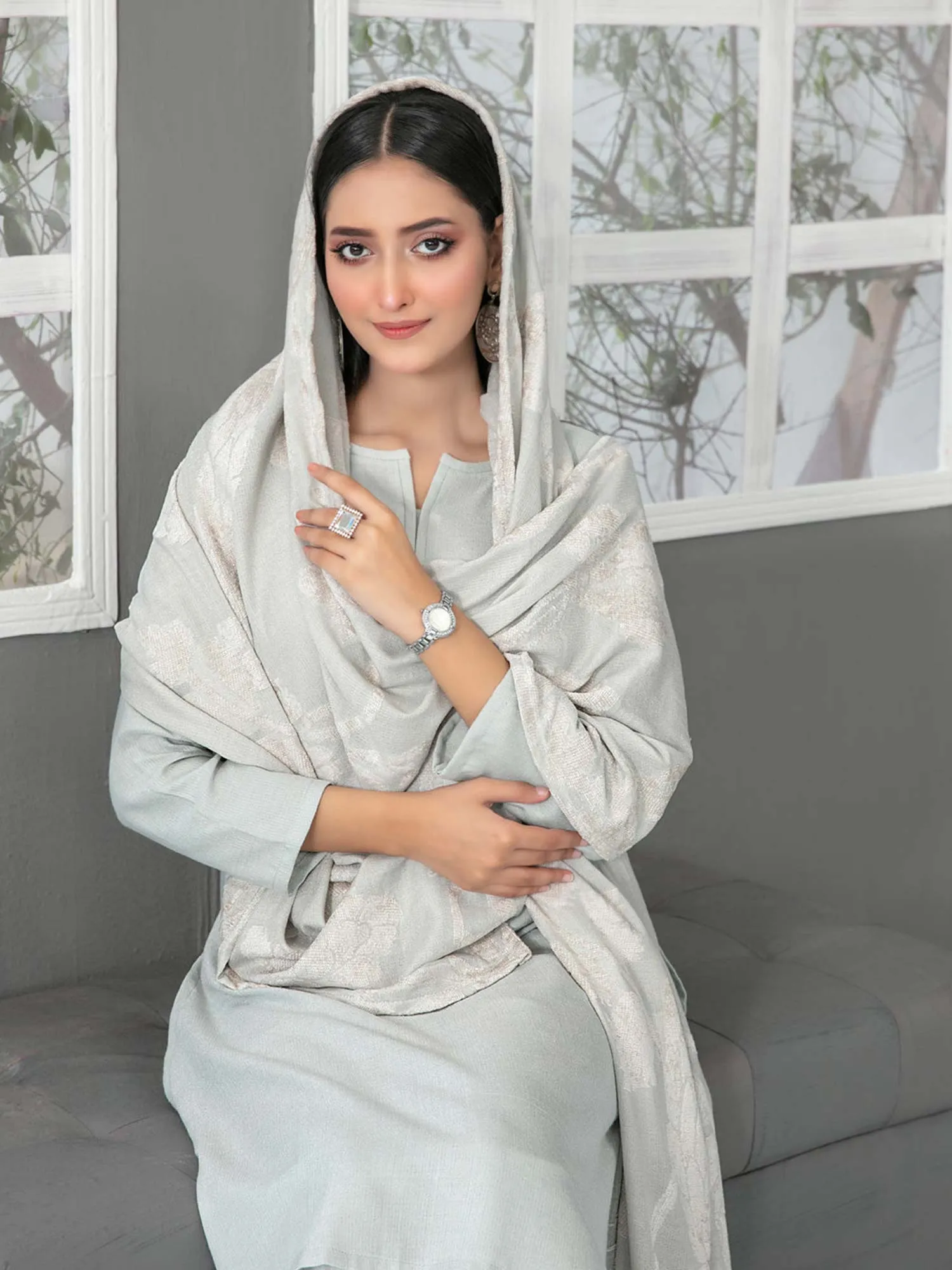 Tawakkal "Eladari" Winter Leather-Peach Suit with Shawl (D3857) - Grey