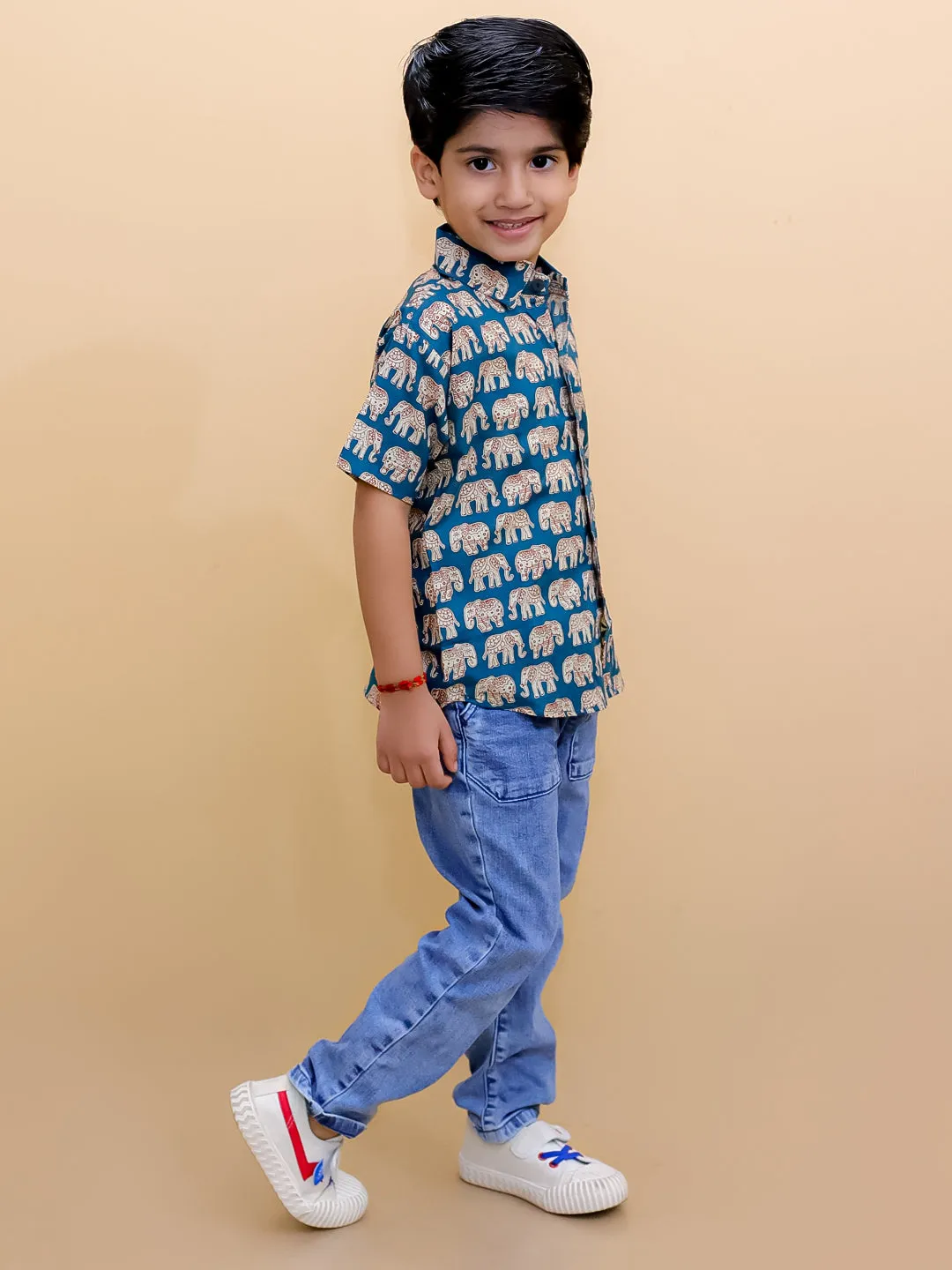 Teal Elephant Print Boys Shirt