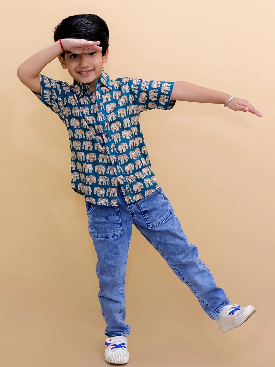 Teal Elephant Print Boys Shirt