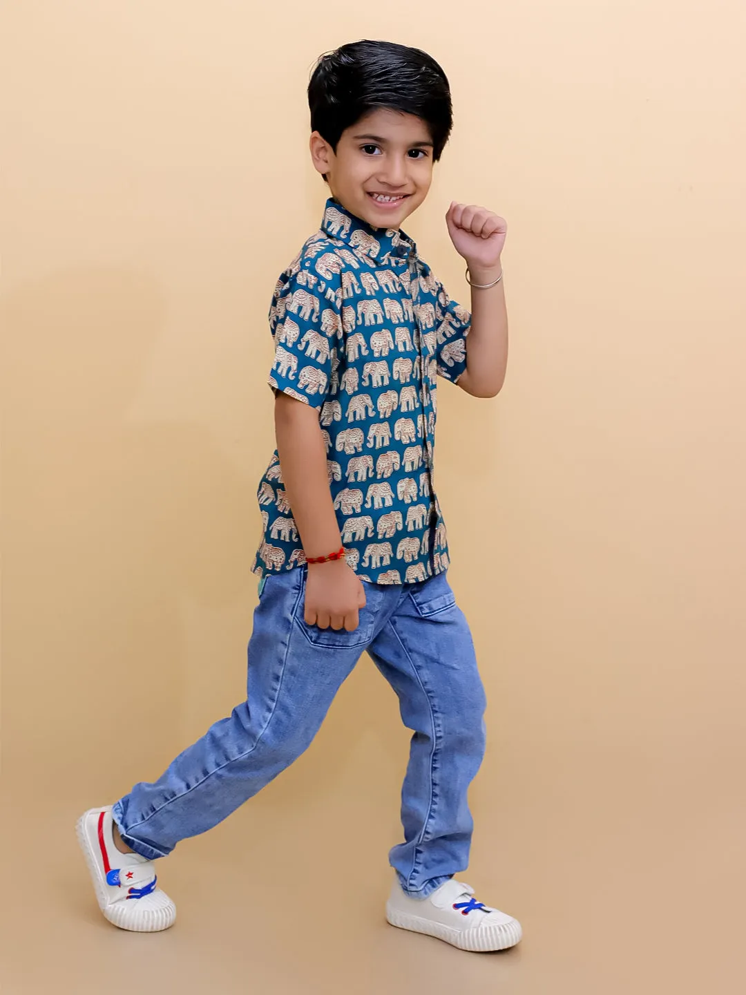 Teal Elephant Print Boys Shirt