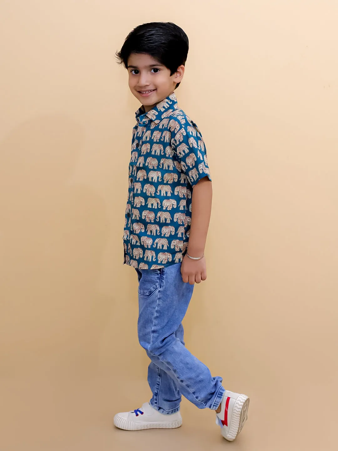 Teal Elephant Print Boys Shirt