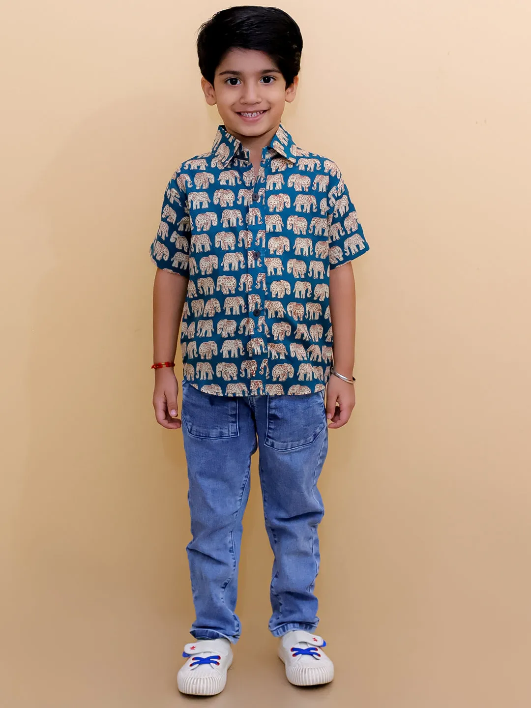 Teal Elephant Print Boys Shirt