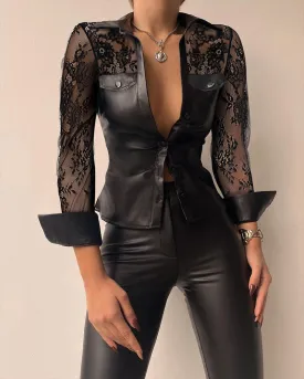 Trendy Lace Mesh Long Sleeve Faux Leather Blouse