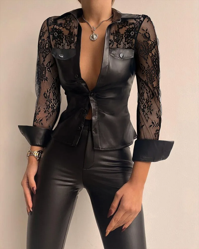 Trendy Lace Mesh Long Sleeve Faux Leather Blouse