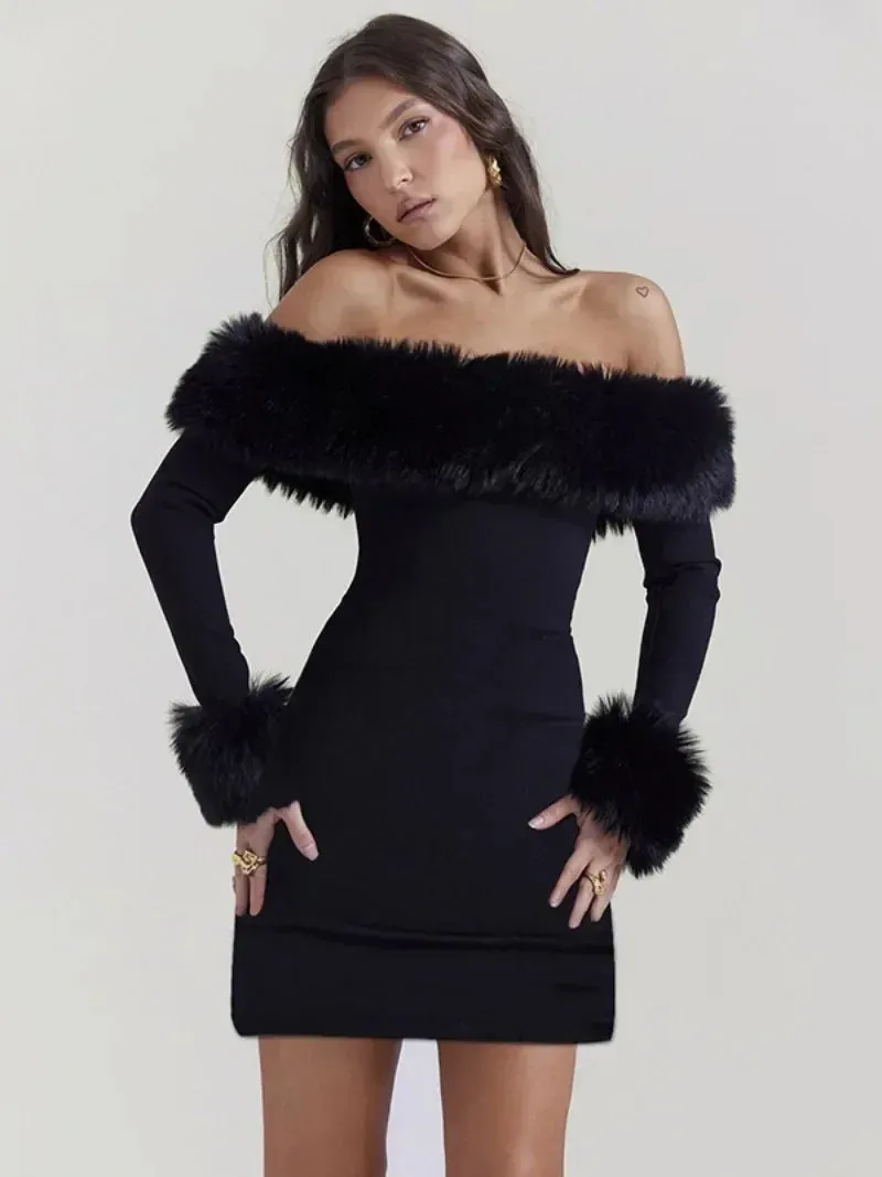 Trendy Off Shoulder Fur Long Sleeve Party Dress