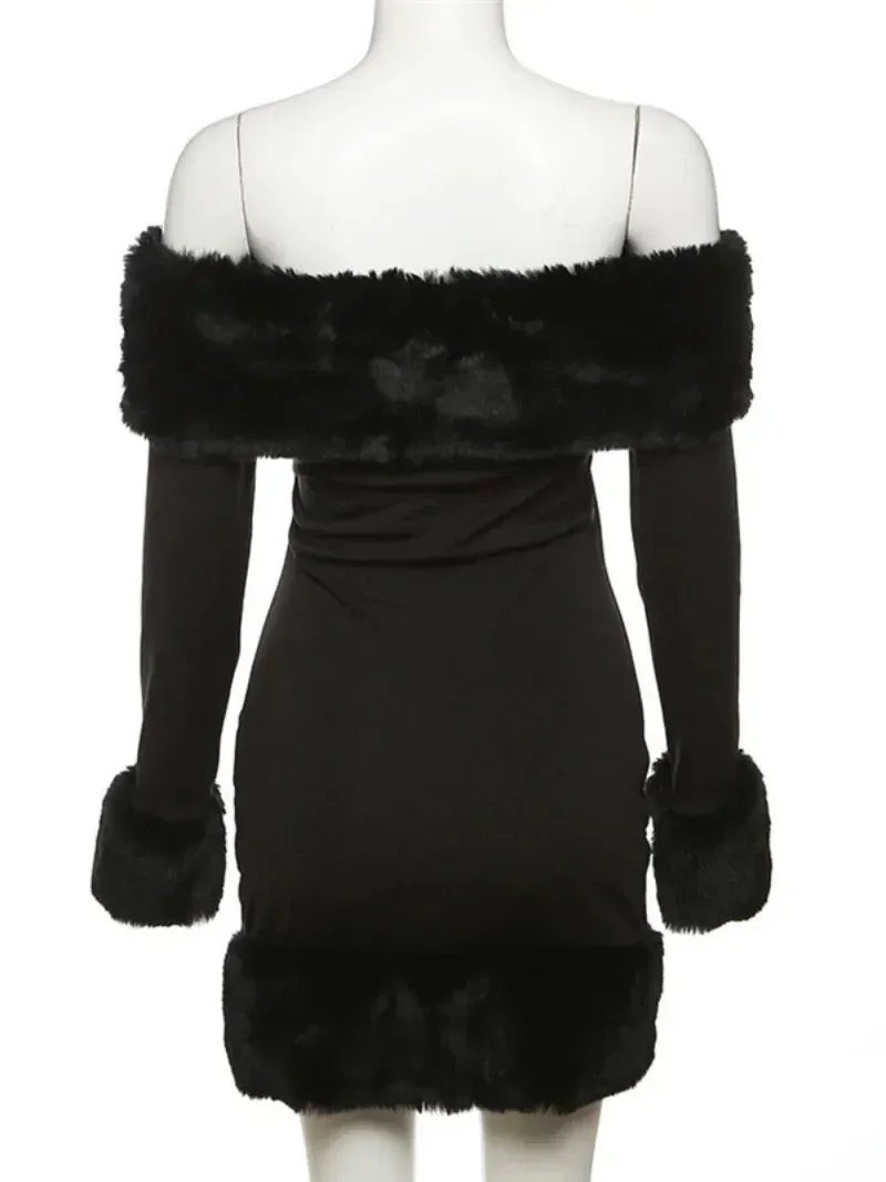 Trendy Off Shoulder Fur Long Sleeve Party Dress