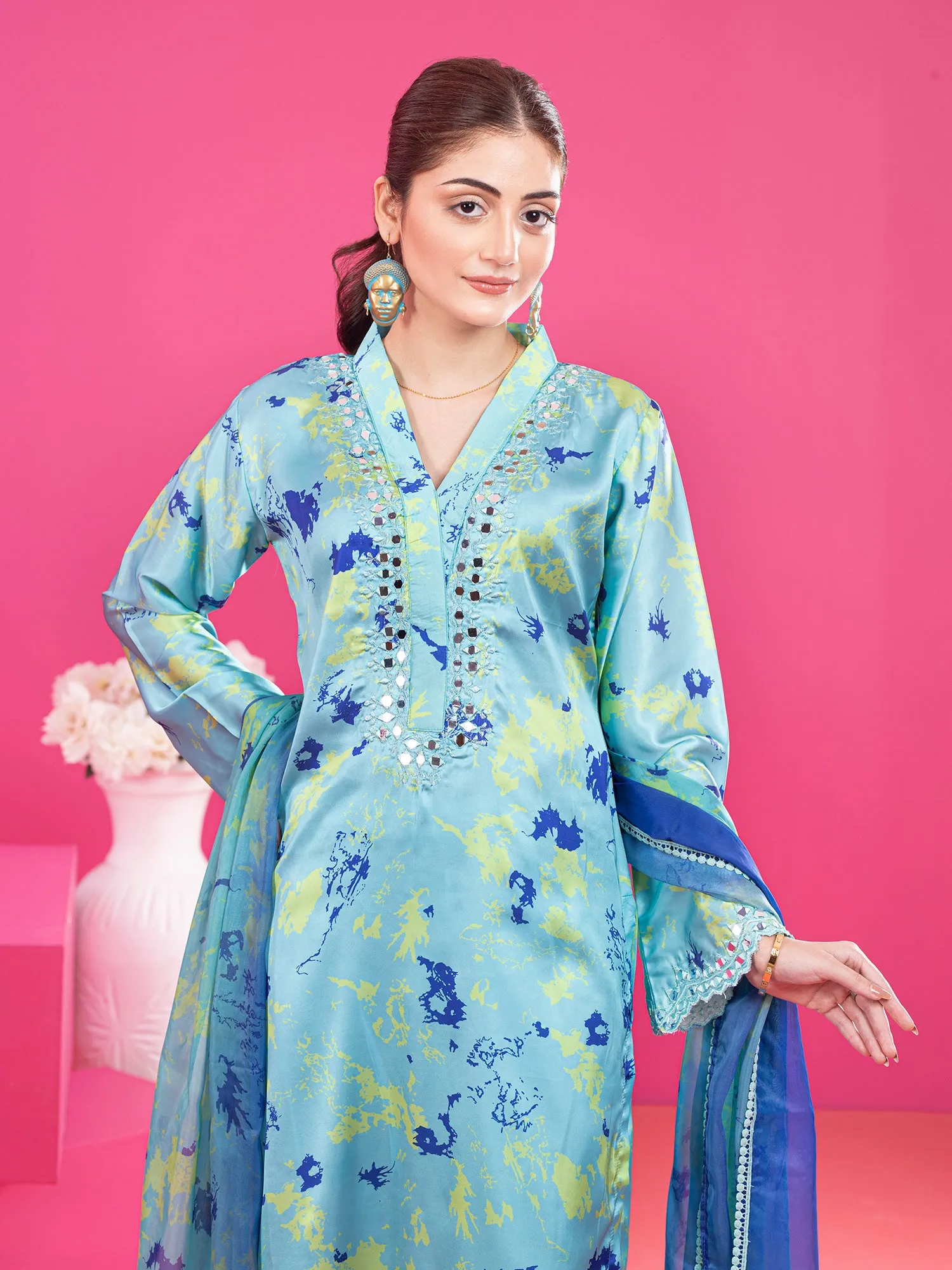 Wardah Uzair Tie & Dye Silk 3-Piece Suit - Aqua Blue