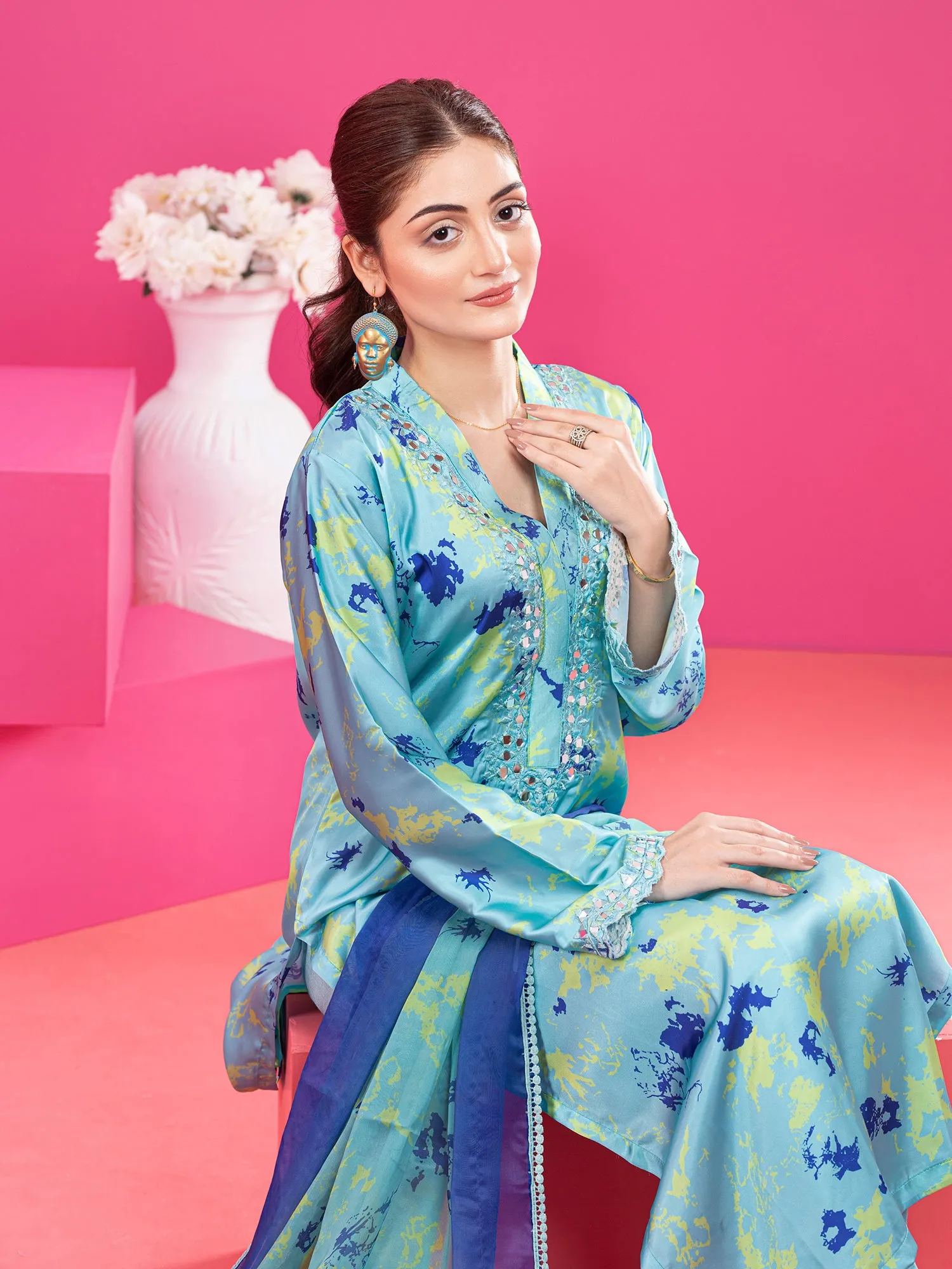 Wardah Uzair Tie & Dye Silk 3-Piece Suit - Aqua Blue