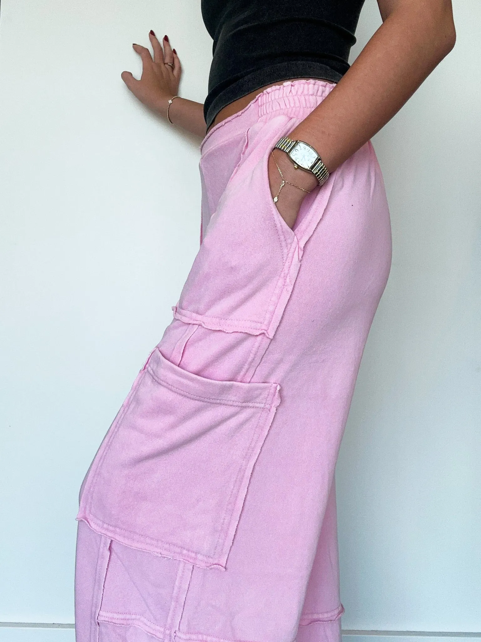 Wide Leg Cargo Sweatpants- Pink