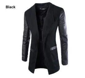 Winter Fashion Leather Sleeve Long Wool Men Coat Hot Casual Slim Fit Men Jacket Coat Patchwork Solid Long Men Outwear